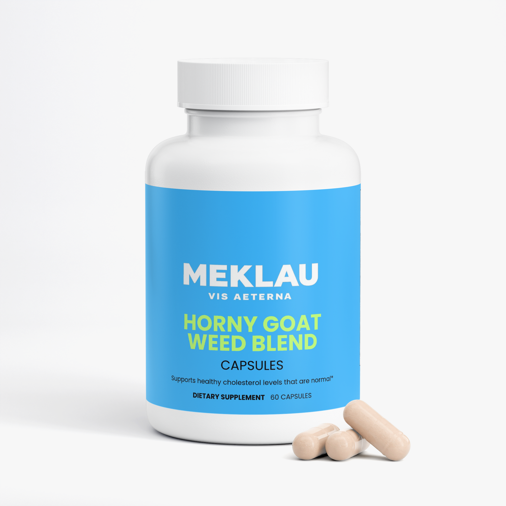 A white bottle of MEKLAU Vis Aeterna Horny Goat Weed Blend dietary supplement capsules, featuring a bright blue label and three beige capsules in the foreground on a clean white background