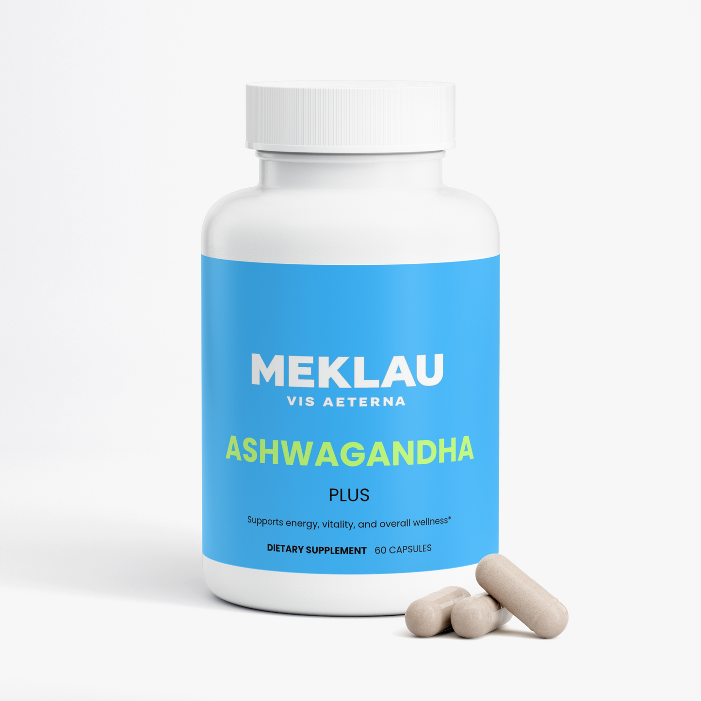 A white bottle of MEKLAU Vis Aeterna Ashwagandha Plus dietary supplement capsules, shown on a clean white background with three capsules in front.