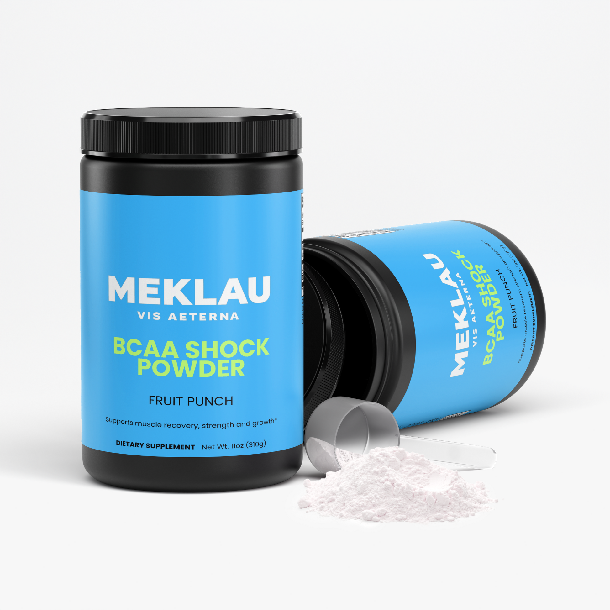 Two black plastic tubs of MEKLAU BCAA Shock Powder in Fruit Punch flavor, one standing upright and the other lying on its side with a scoop and white powder spilled in front, on a light gray background.