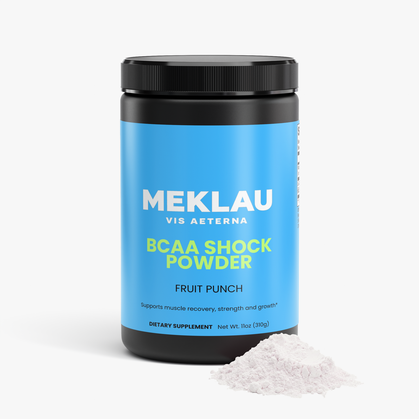 A black plastic tub of MEKLAU BCAA Shock Powder in Fruit Punch flavor, featuring a bright blue label and a small pile of white powder in front, set against a clean white background.