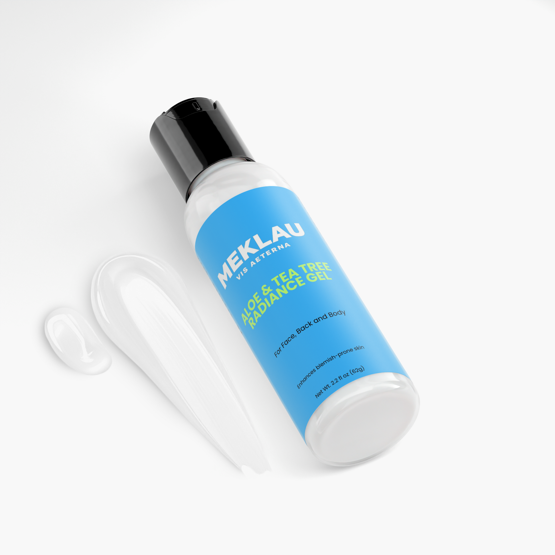 A bottle of MEKLAU Hot & Tea Tree Rediance Gel with a black cap, shown on a clean white background with a clear gel swatch in front of it.
