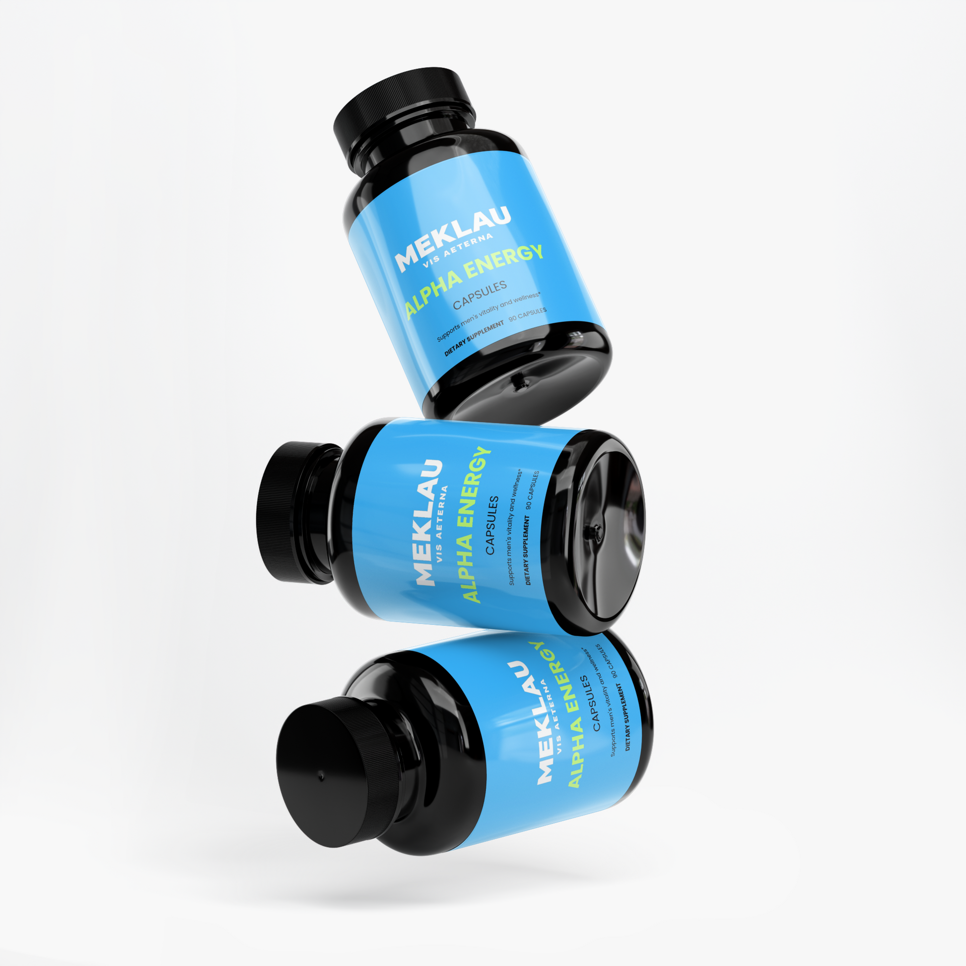 Three black supplement bottles with bright blue labels reading 'MEKLAU ALPHA ENERGY' and 'CAPSULES' are arranged in a floating stack on a clean white background.