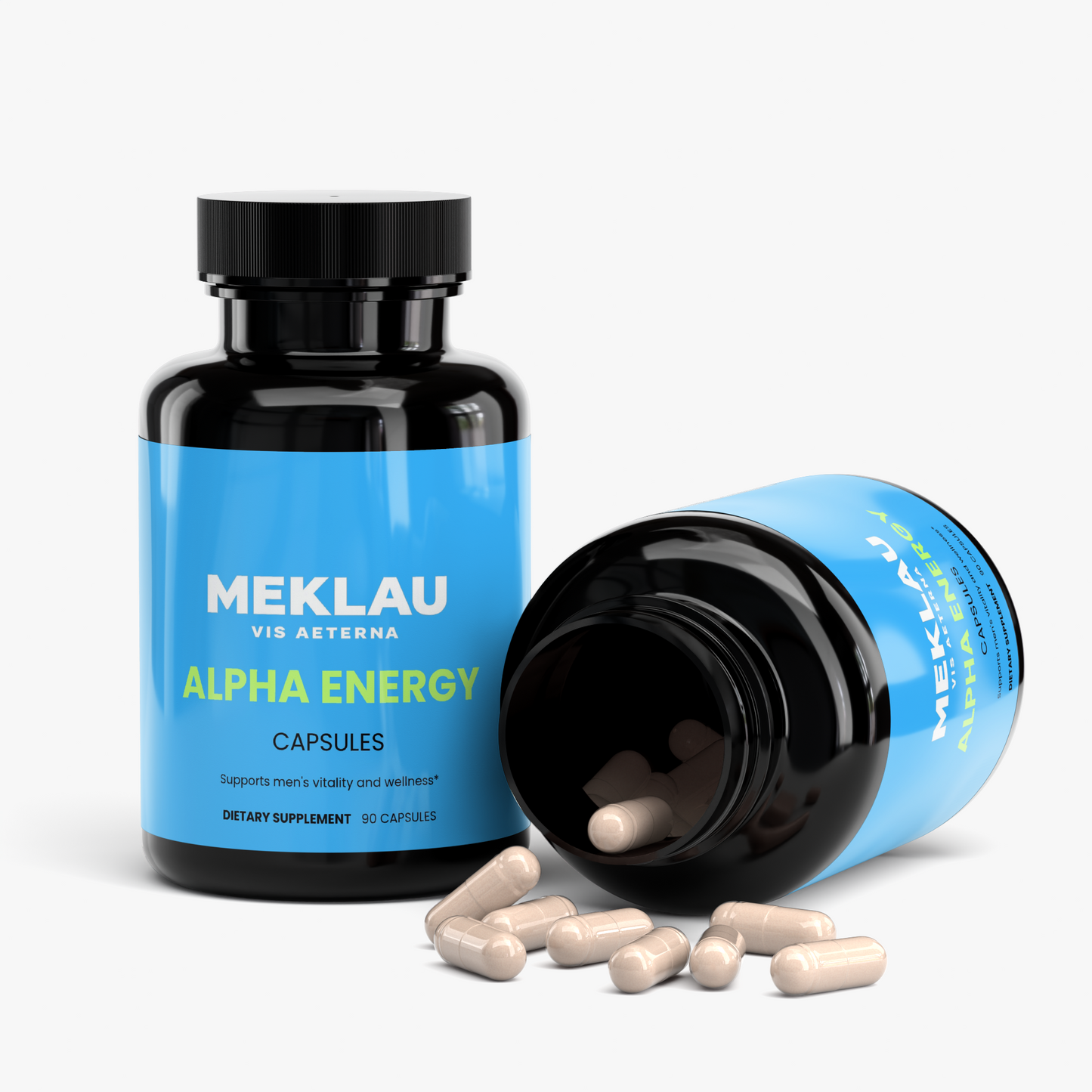 A black supplement bottle labeled MEKLAU Alpha Energy with a bright blue label, shown alongside another tipped bottle spilling beige capsules on a light gray background.
