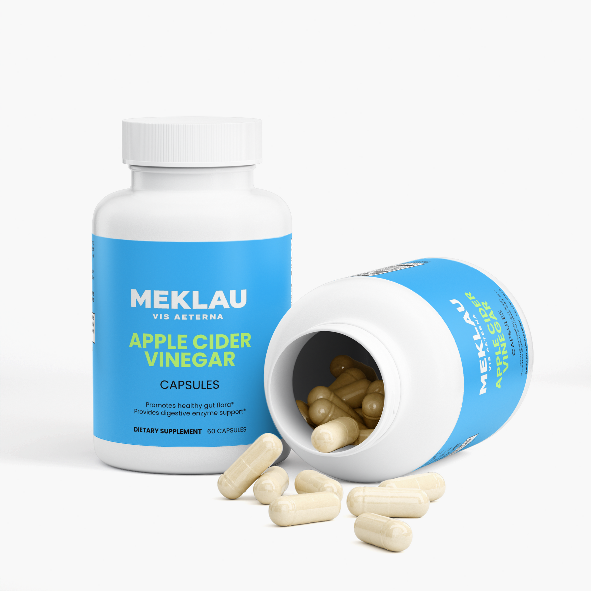 Two white supplement bottles of MEKLAU Apple Cider Vinegar capsules on a clean white background, with one bottle upright and one tipped on its side showing beige capsules inside and scattered in front.