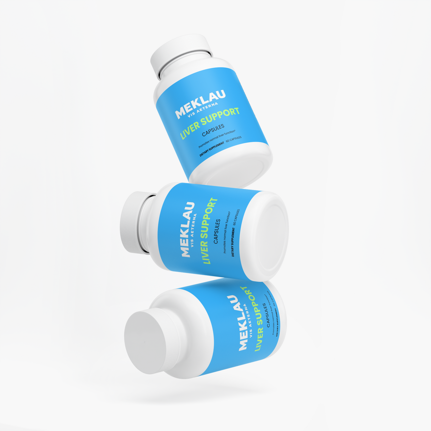 Three white plastic supplement bottles with bright blue labels, arranged in a floating diagonal stack on a clean white background. The label prominently displays the brand 'MEKLAU' and the product name 'MAI DETOX'.