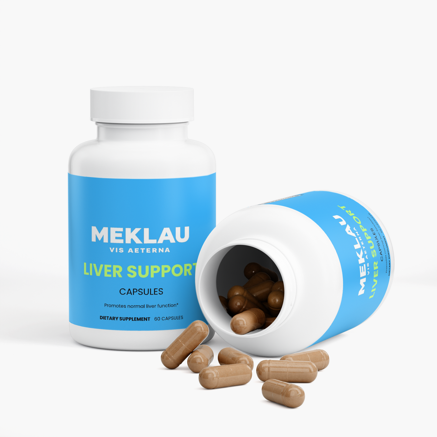 A white supplement bottle labeled MEKLAU Liver Support with a blue label, shown alongside an tipped bottle revealing brown capsules inside, on a clean white background.