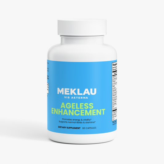 A white plastic bottle of MEKLAU Vis Aeterna Ageless Enhancement dietary supplement with a bright blue label, shown on a light gray background.