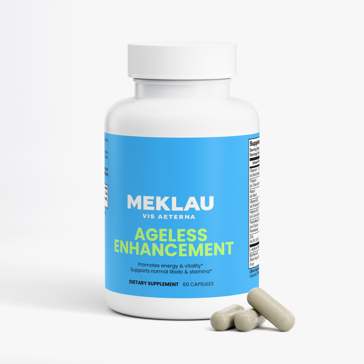 A white plastic bottle of MEKLAU Vis Aeterna Ageless Enhancement dietary supplement with a bright blue label, shown on a clean white background with three capsules in front.