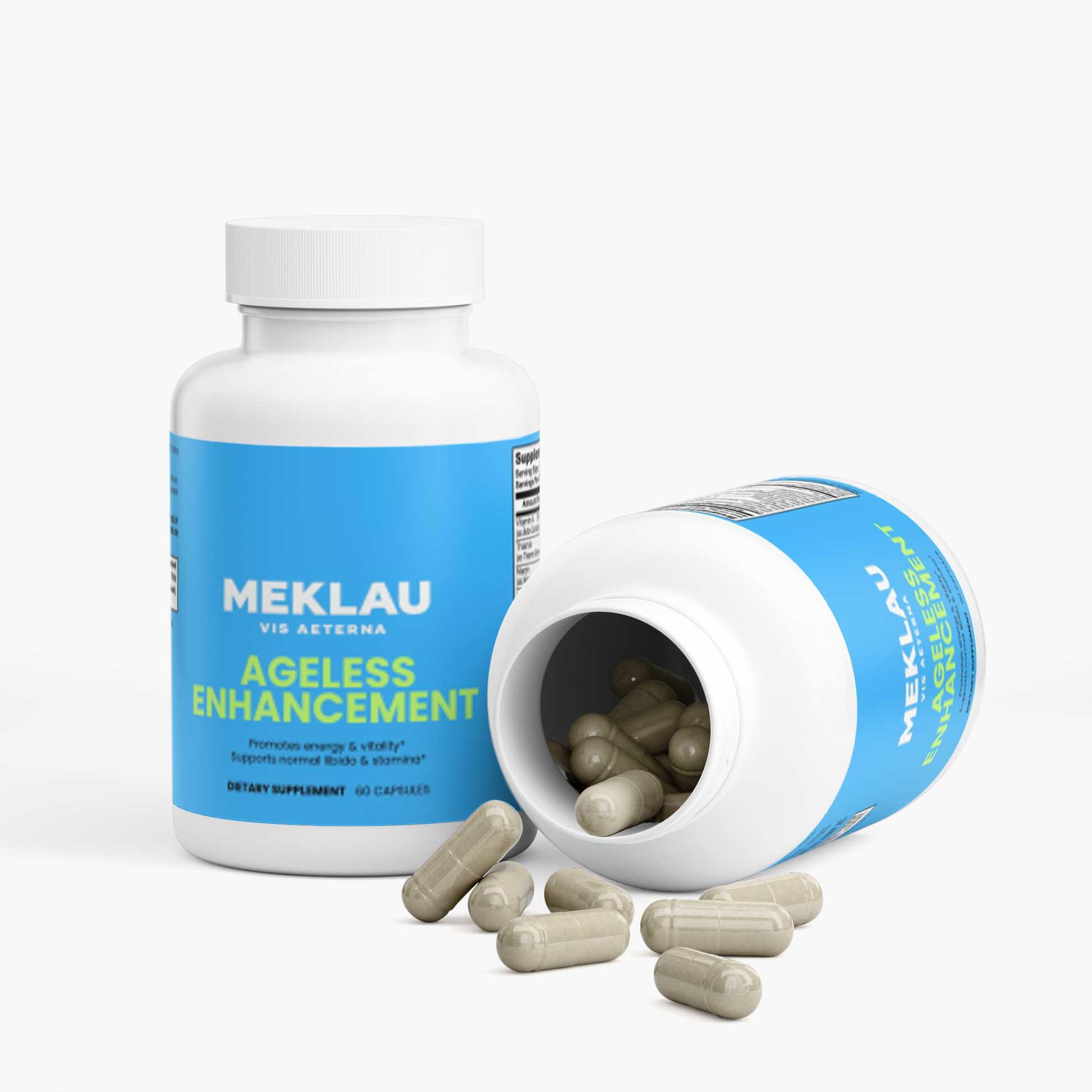 A white bottle of MEKLAU V8 ASTERISK Ageless Enhancement dietary supplement, with one tipped-over bottle showing beige capsules spilling out, on a clean white background.