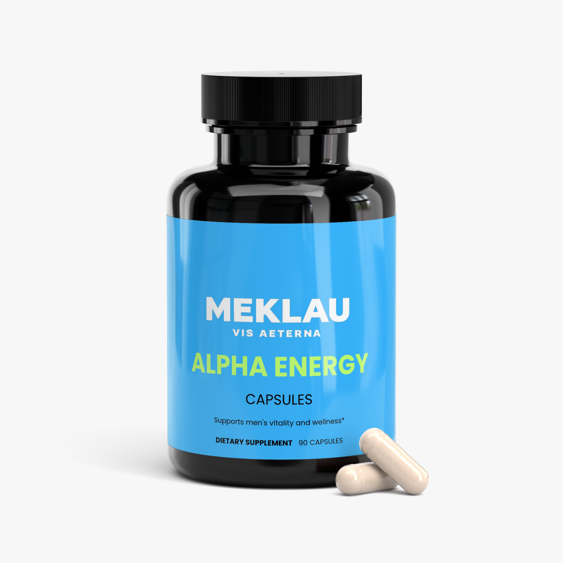 A black bottle of MEKLAU Alpha Energy dietary supplement capsules with a bright blue label, shown on a light gray background with two capsules in front.