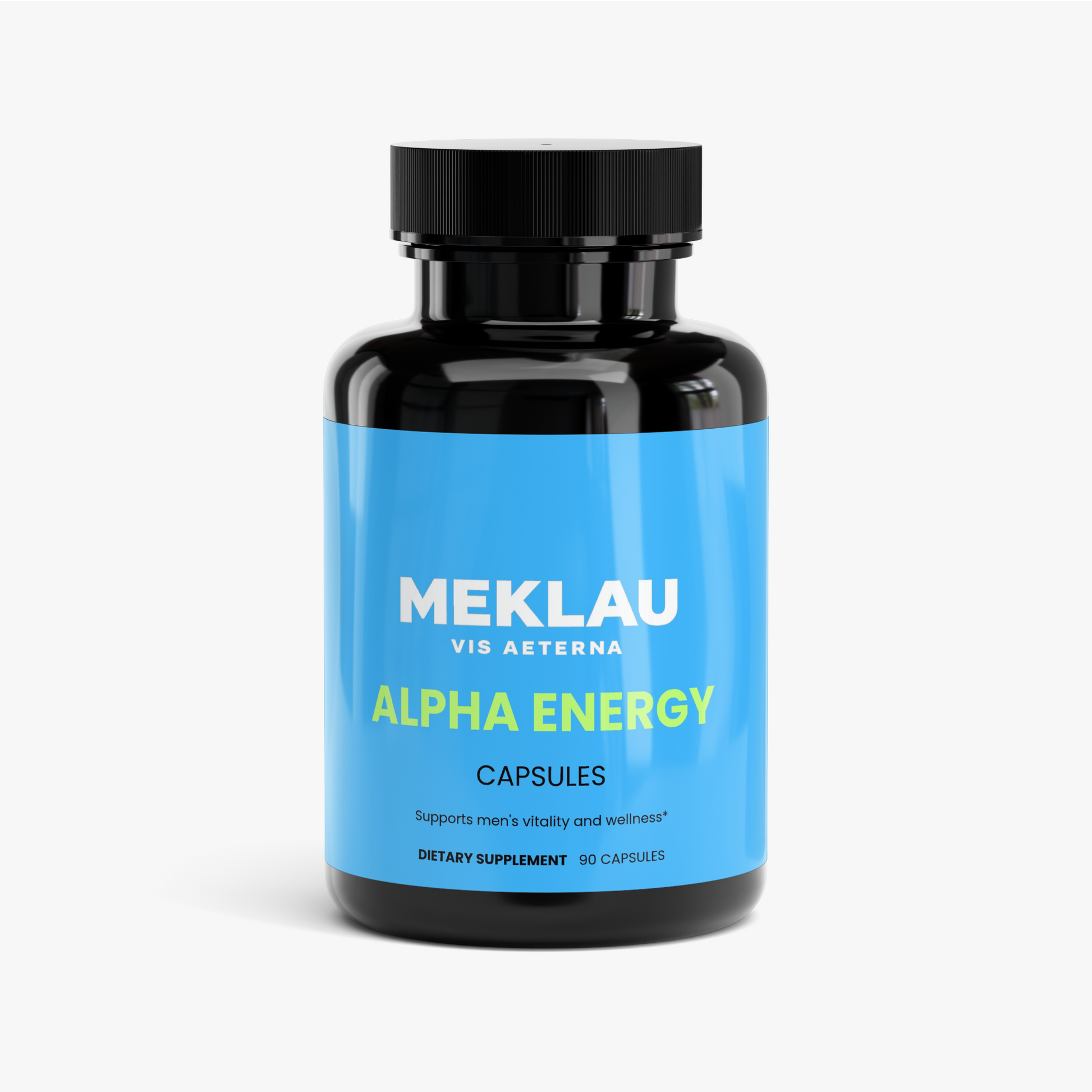 A black bottle of MEKLAU Alpha Energy dietary supplement capsules with a bright blue label, shown on a light gray background.