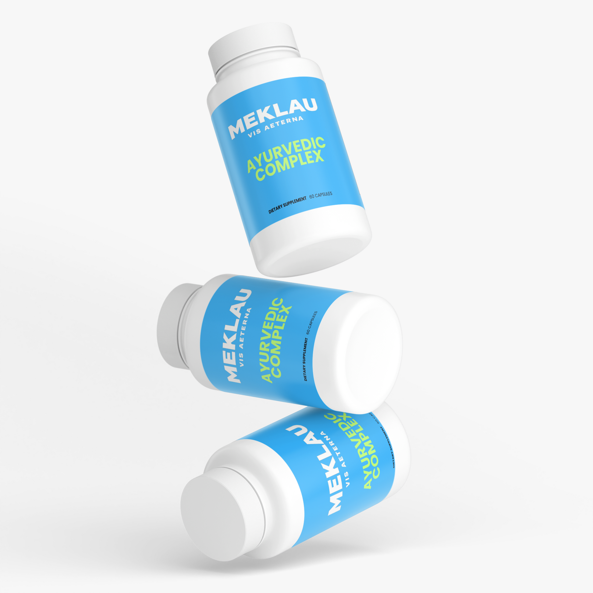 Three white supplement bottles with blue labels for 'MEKLAU Ayurvedic Complex' floating in a dynamic arrangement on a clean white background.