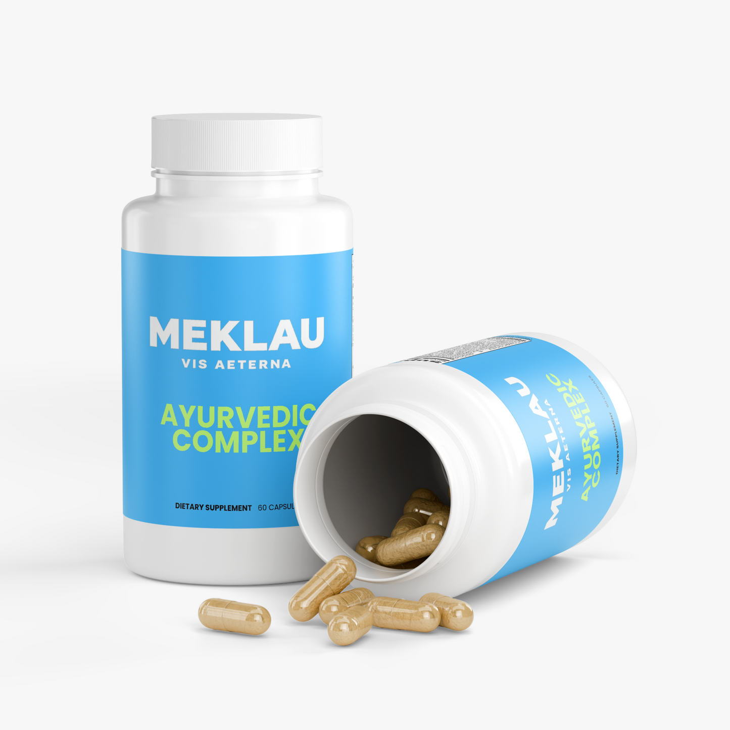 A white bottle of MEKLAU Vis Aeterna Ayurvedic Complex dietary supplement, with one tipped-over bottle showing beige capsules spilling out, on a light gray background