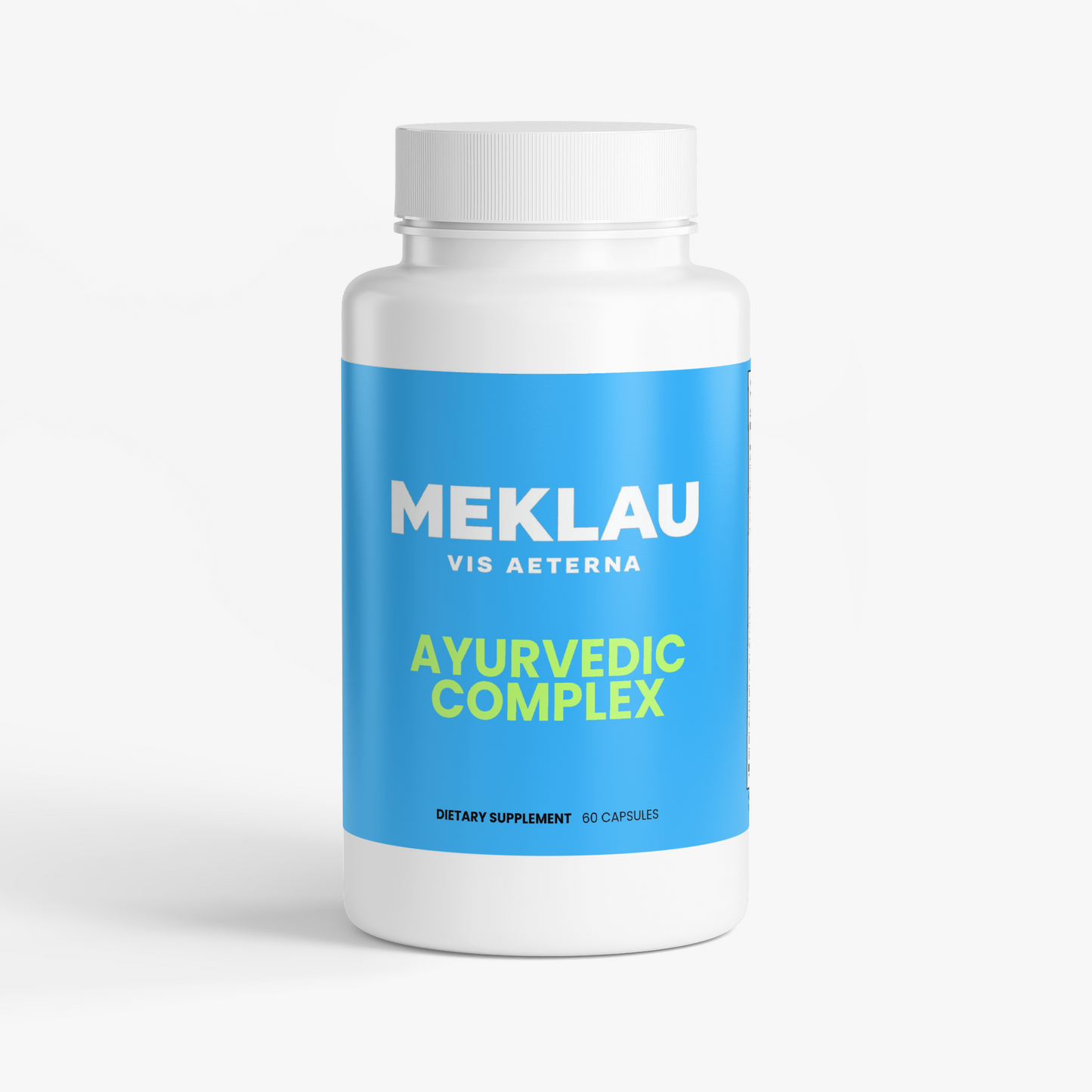 A white plastic bottle of MEKLAU Vis Aeterna Ayurvedic Complex dietary supplement with a bright blue label and lime green text, set against a clean white background.