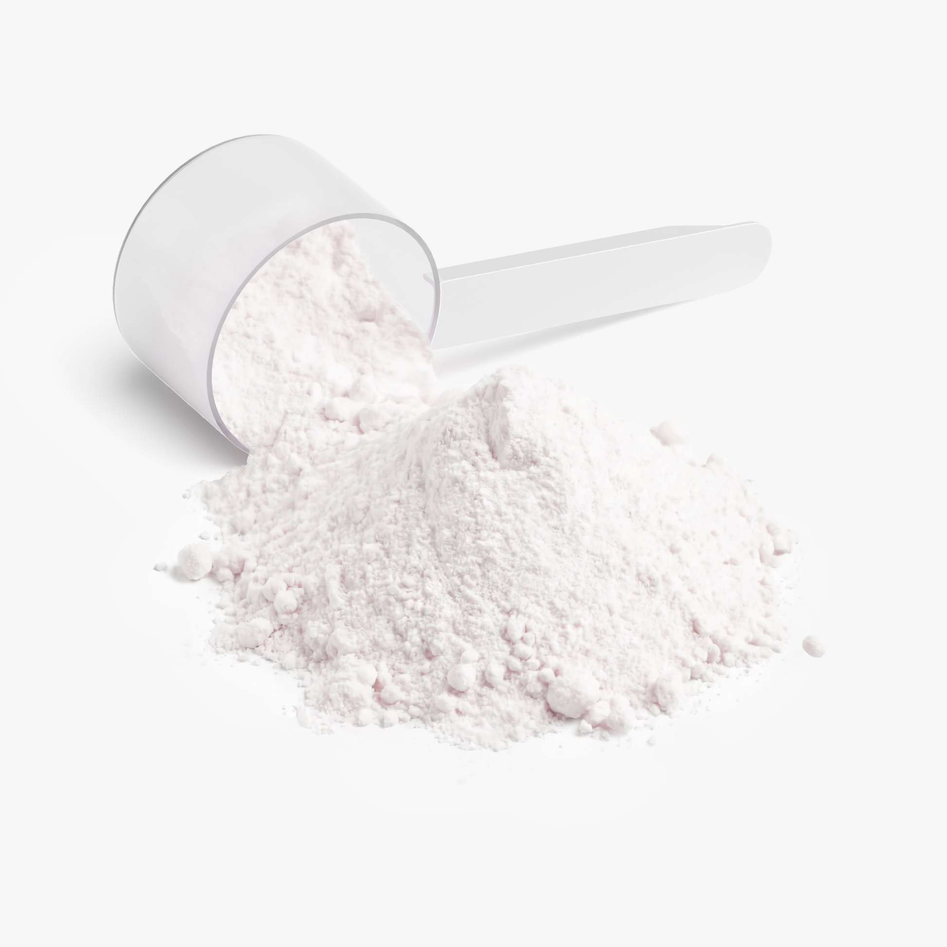 A clear plastic scoop tipped over with a mound of fine white powder spilling out, shown on a clean white background. MEKLAU Supplements