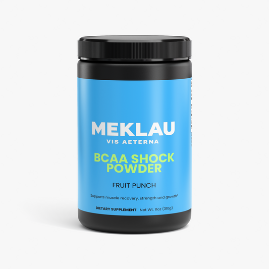 A black plastic tub of MEKLAU BCAA Shock Powder in Fruit Punch flavor, featuring a bright blue label with white and lime green text, set against a clean white background.