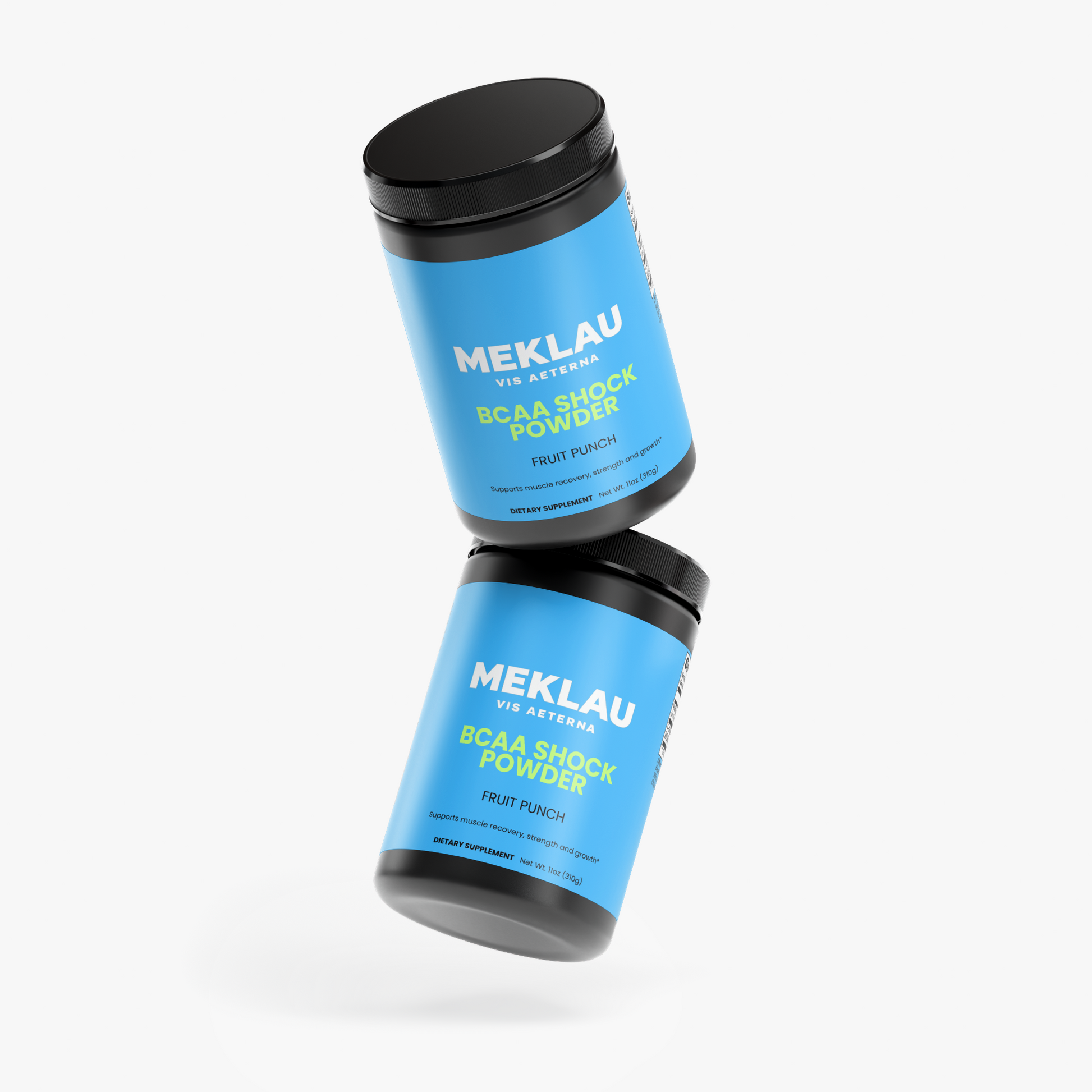 Two black plastic tubs of MEKLAU BCAA Shock Powder in Fruit Peach flavor, stacked vertically on a clean white background.
