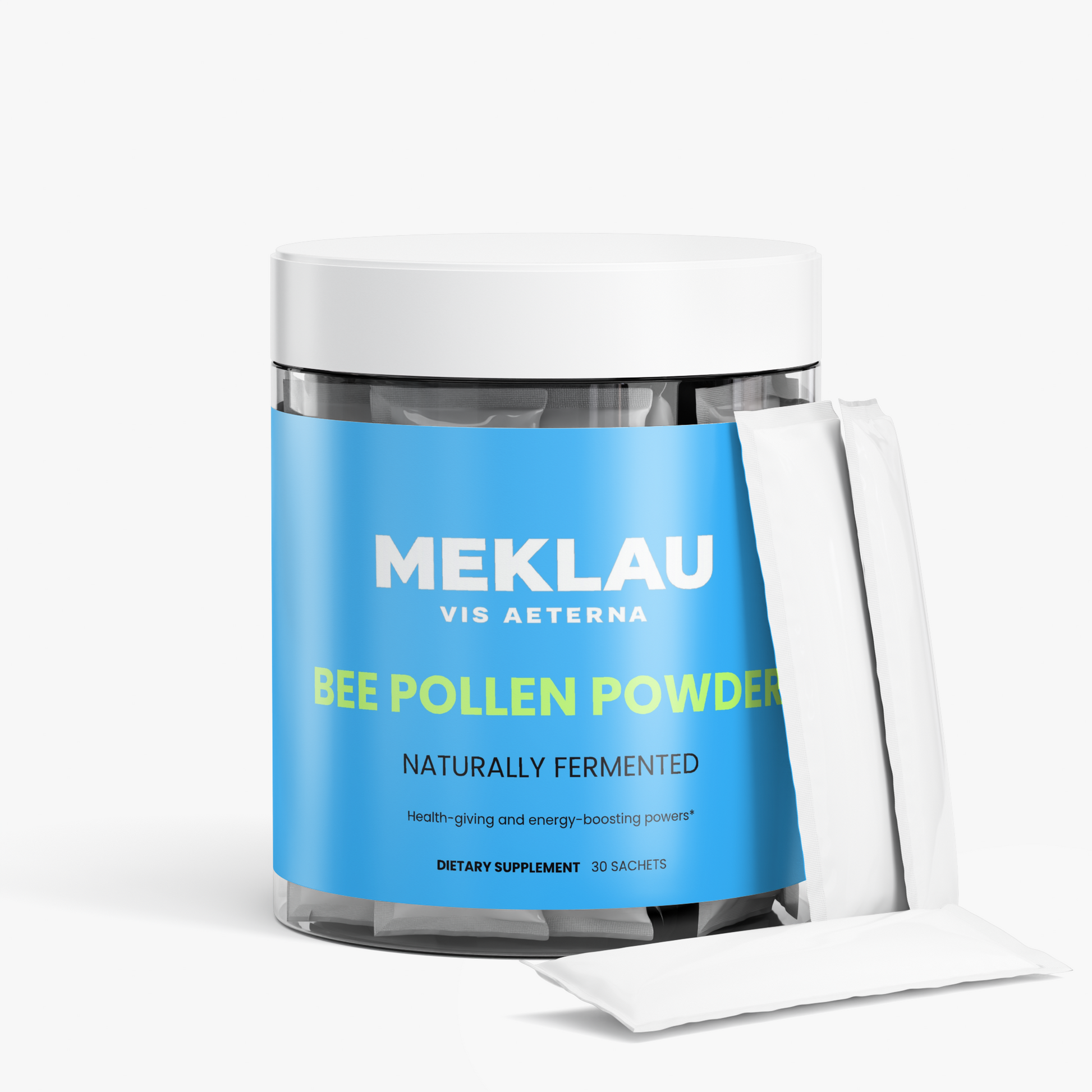 A clear jar of MEKLAU Vis Aeterna Bee Pollen Powder with a bright blue label and white lid, shown on a clean white background with a white sachet leaning against it.