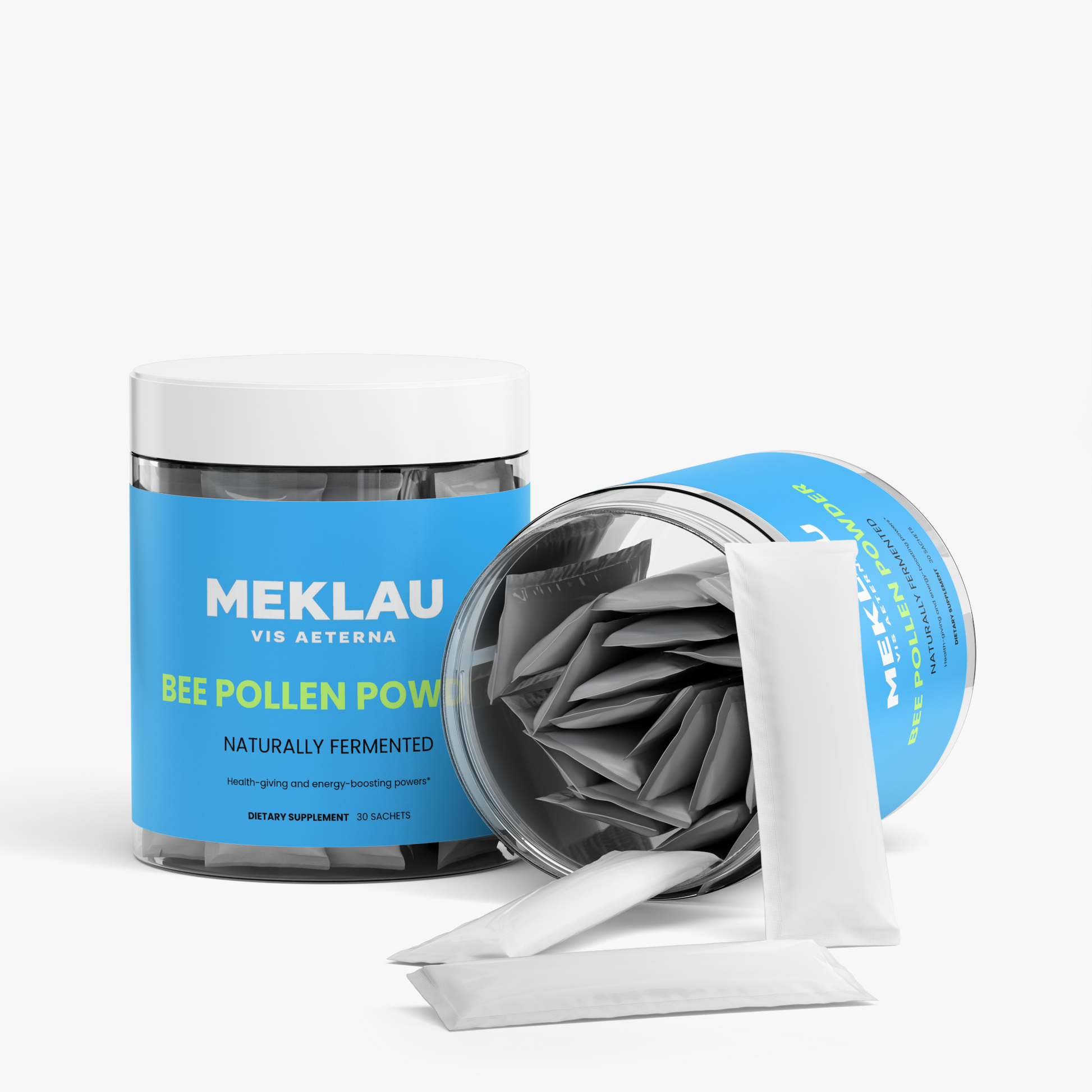 A clear plastic jar of MEKLAU Vis Aeterna Bee Pollen Powder with a white lid and blue label, alongside an tipped-over metal tin showing white sachets, on a light gray background.