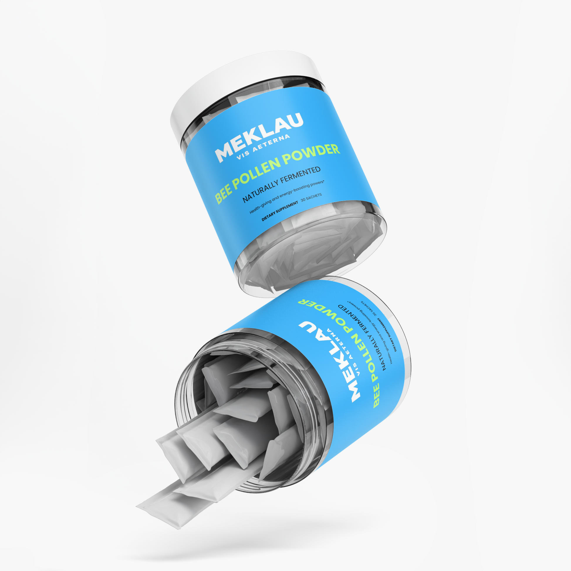 Two jars of MEKLAU Bee Pollen Powder floating on a light gray background, one upright and one tipped on its side with white sachets spilling out. The jars have blue labels with white and yellow text.