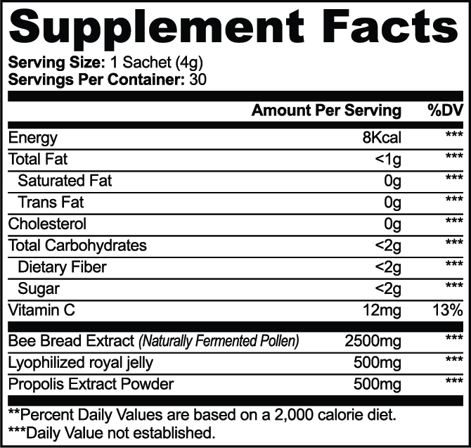 Supplement facts label with nutritional information and ingredients on a white background