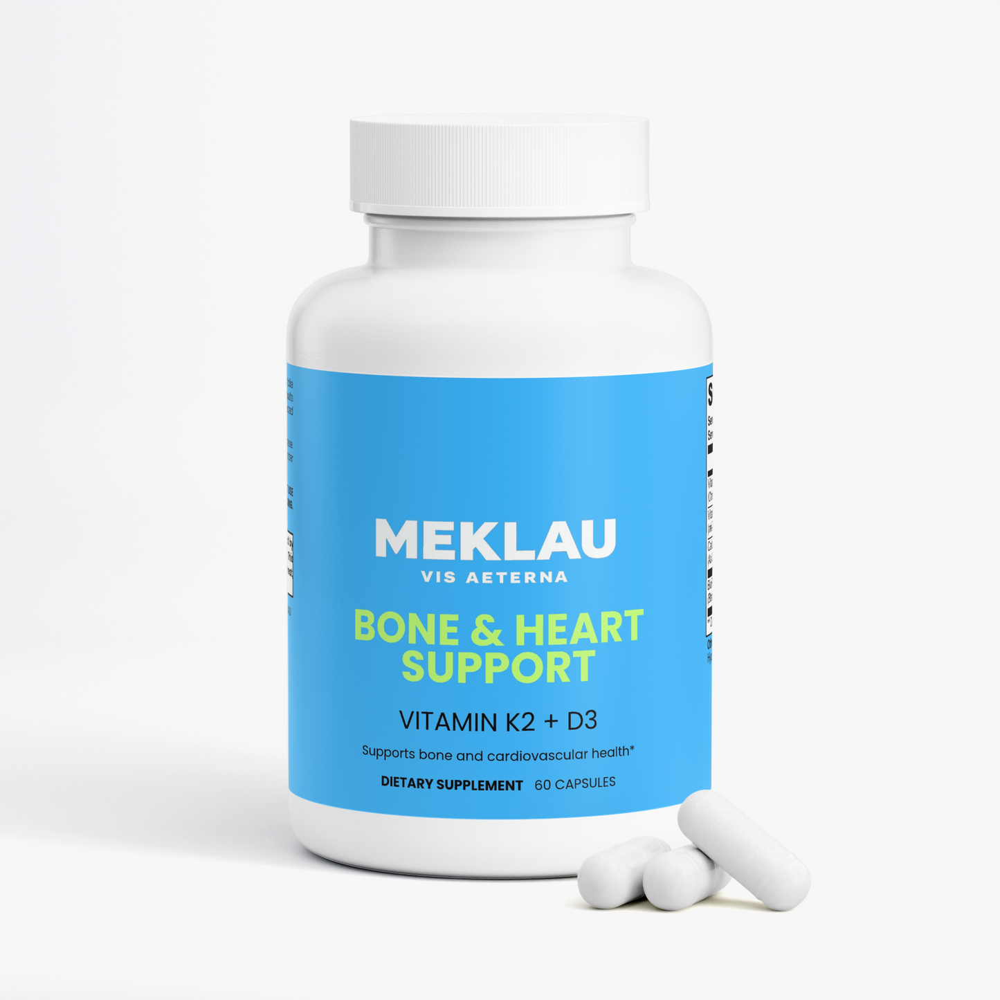 A white bottle of MEKLAU Vitamin K2 + D3 Bone & Heart Support dietary supplement with a bright blue label, shown on a clean white background with three white capsules in front.