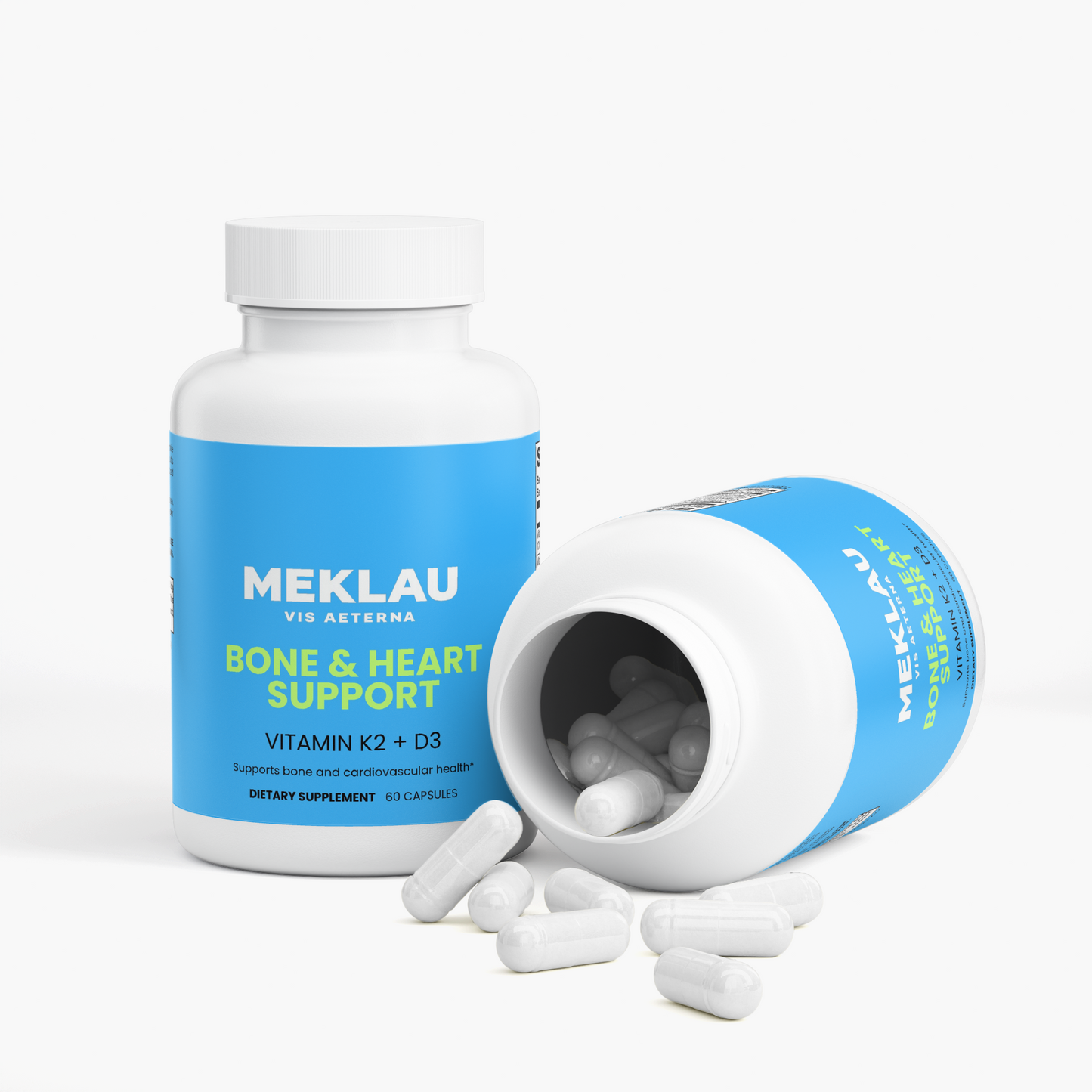 Two white bottles of MEKLAU Vitamin K2 + D3 dietary supplement with a blue label, shown on a clean white background with capsules spilling out from one bottle.