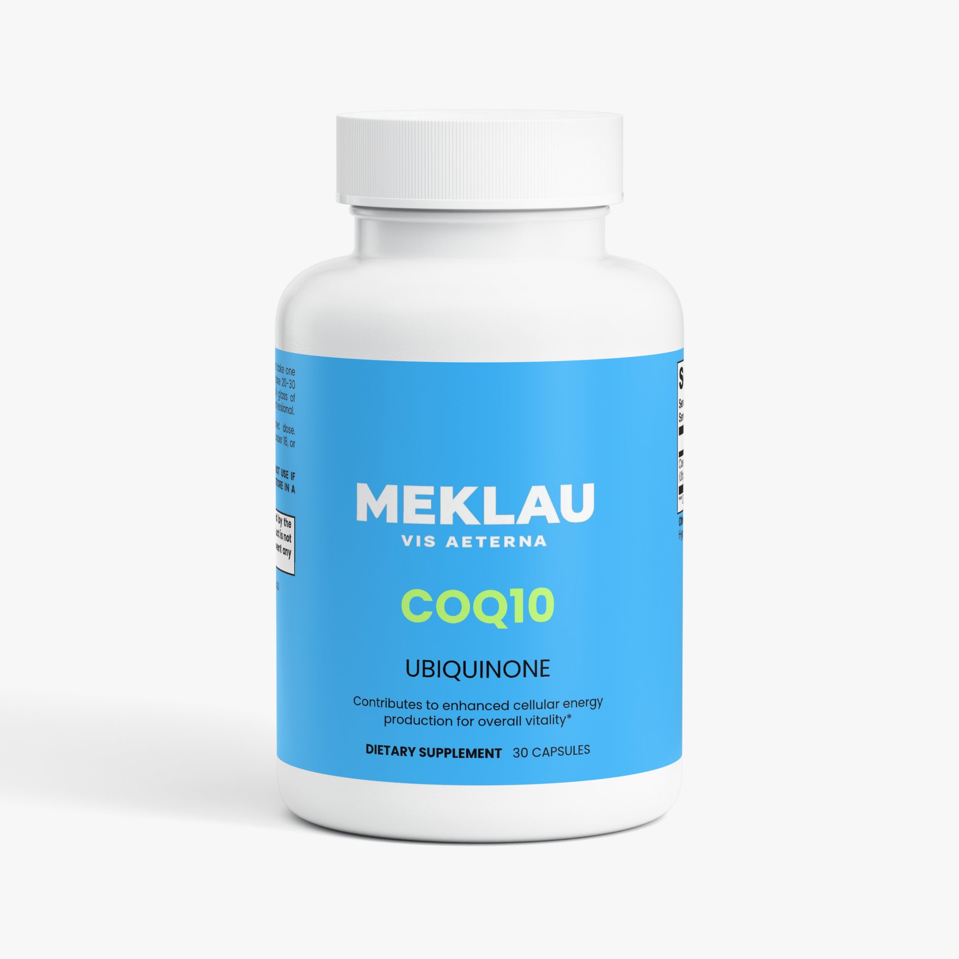 A white bottle of MEKLAU Vis Aeterna COQ10 Ubiquinone dietary supplement capsules, featuring a bright blue label with white and lime green text, set against a clean white background.