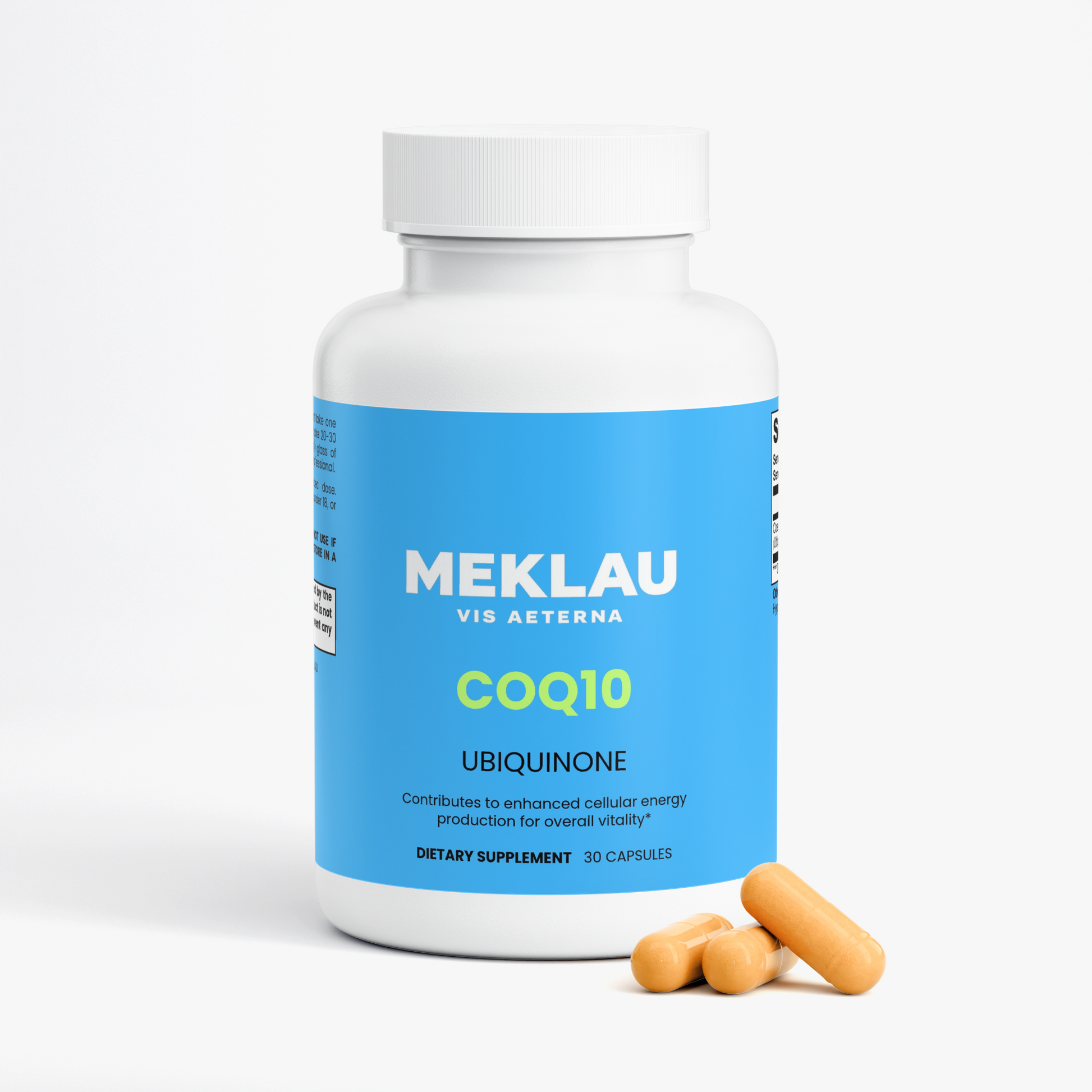 A white bottle of MEKLAU Vis AETERNA COQ10 Ubiquinone dietary supplement with a bright blue label, shown on a clean white background with three orange capsules in front.