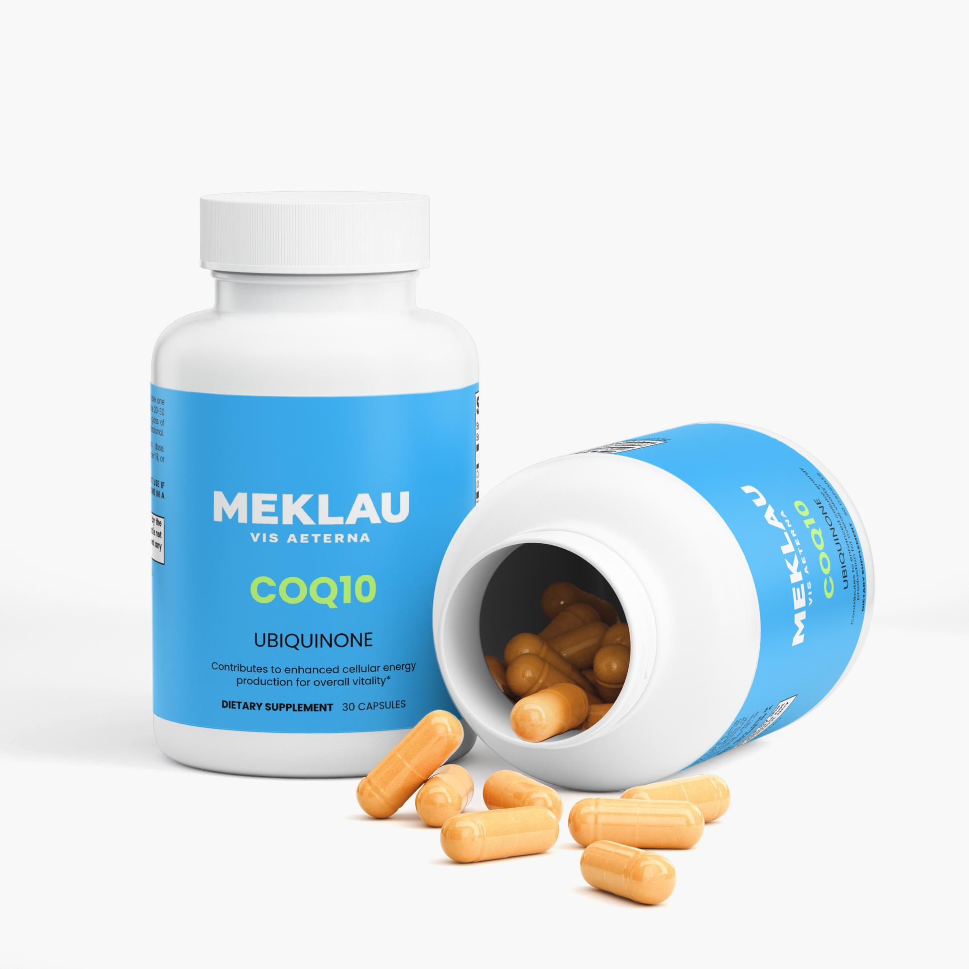 Two white supplement bottles with blue labels on a light gray background, with several orange capsules spilled in front. The label reads MEKLAU and COQ10.