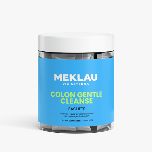 A clear plastic jar of Meklau Vis Aeterna Colon Gentle Cleanse dietary supplement with a bright blue label and white lid, containing 30 sachets.