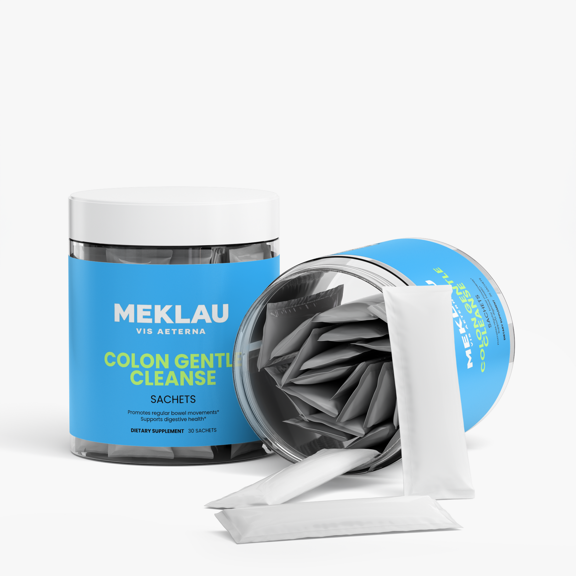 A clear cylindrical jar with a white lid and a bright blue label reading MEKLAU VIB AERTERNA COLON GENTLE CLEANSE SACHETS, shown alongside an tipped-over jar revealing gray sachets inside, with a few white sachets placed in front on a light gray background.