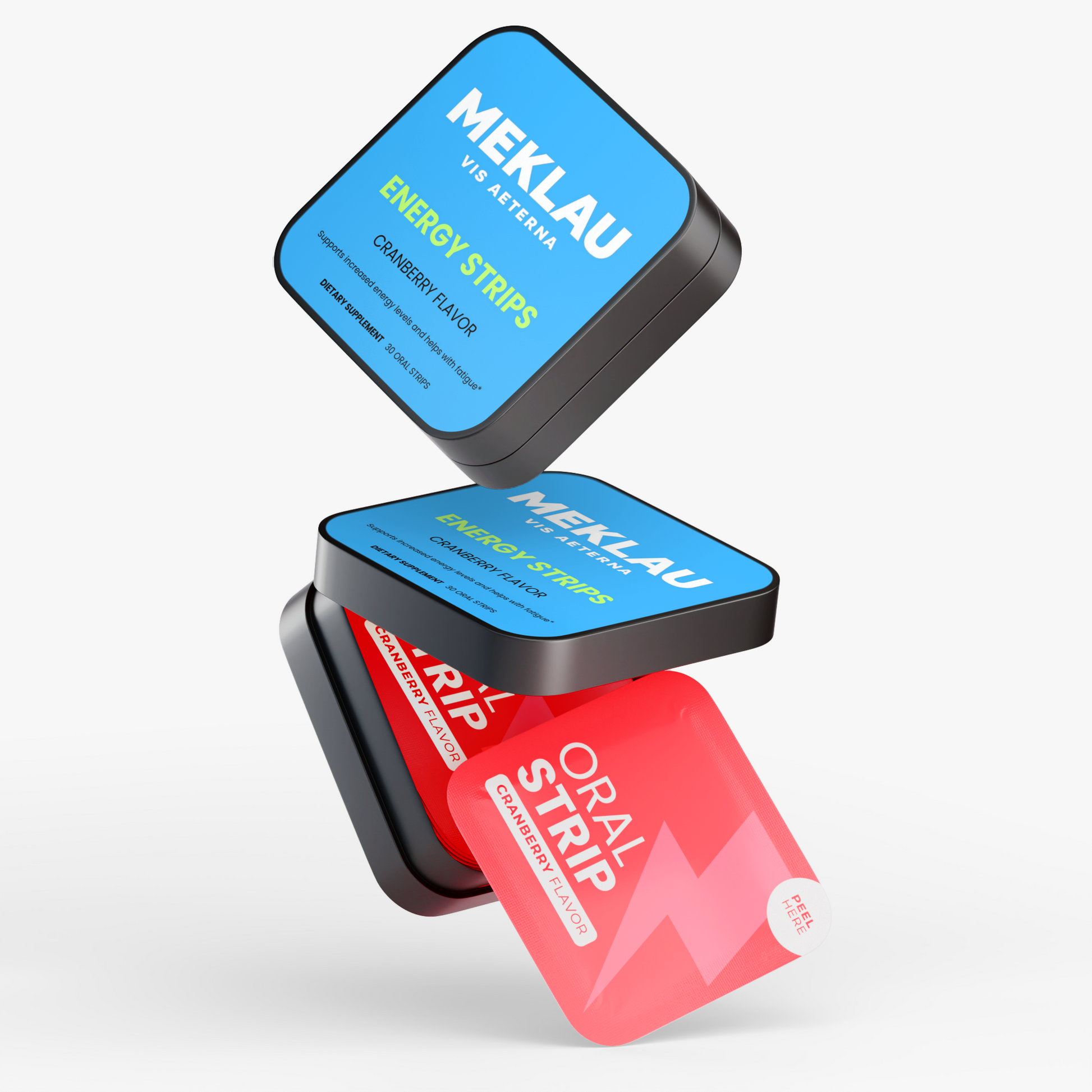 Three floating MEKLAU energy strip packages on a light gray background, including a blue grapefruit flavor pack and two red/orange oral strip packs.