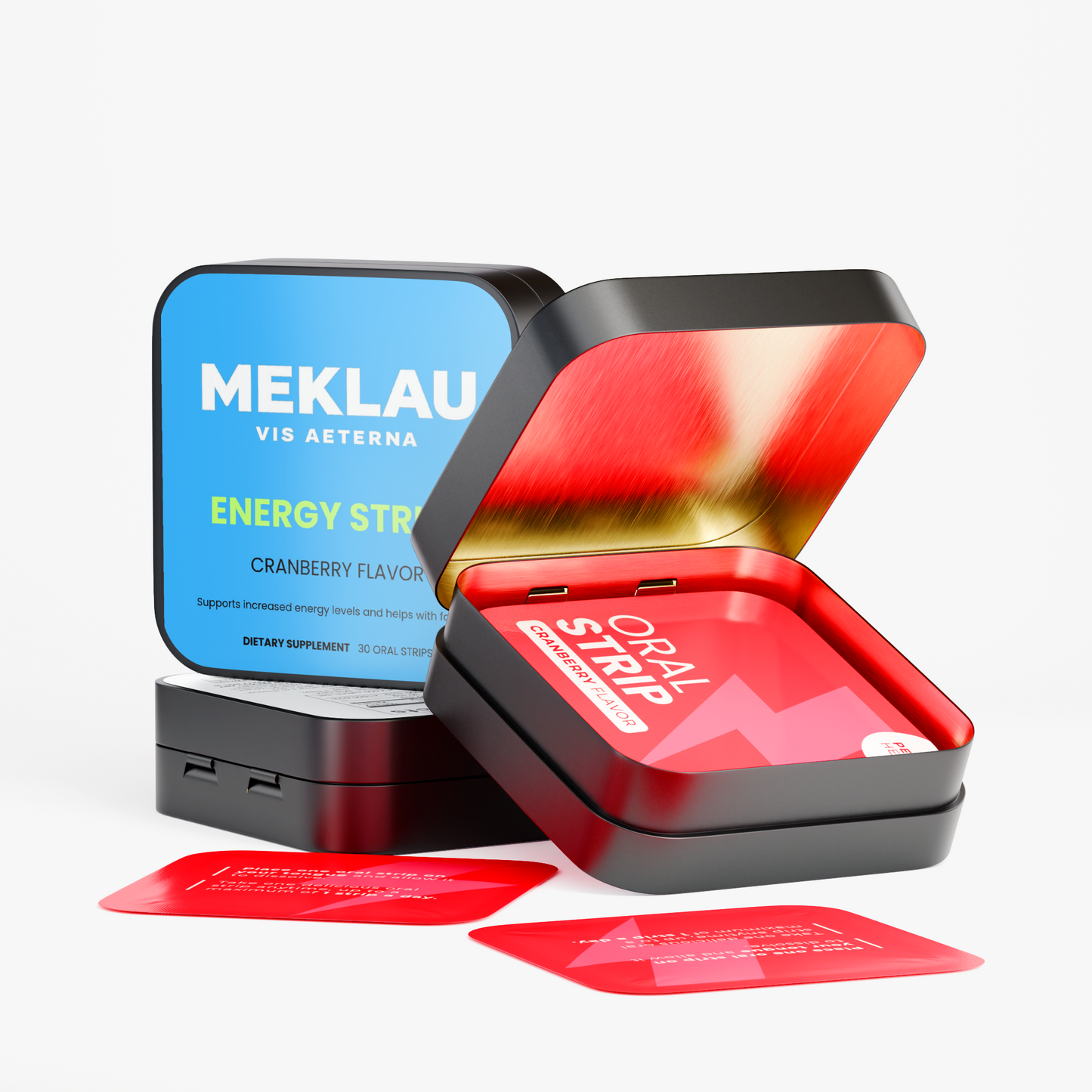 Meklau Vis Aeterna Energy Strip dietary supplement, cranberry flavor. The image shows a black square metal tin with a blue label, an open black tin showing a red interior with a red cross symbol, and two red oral strips in front on a light gray background.