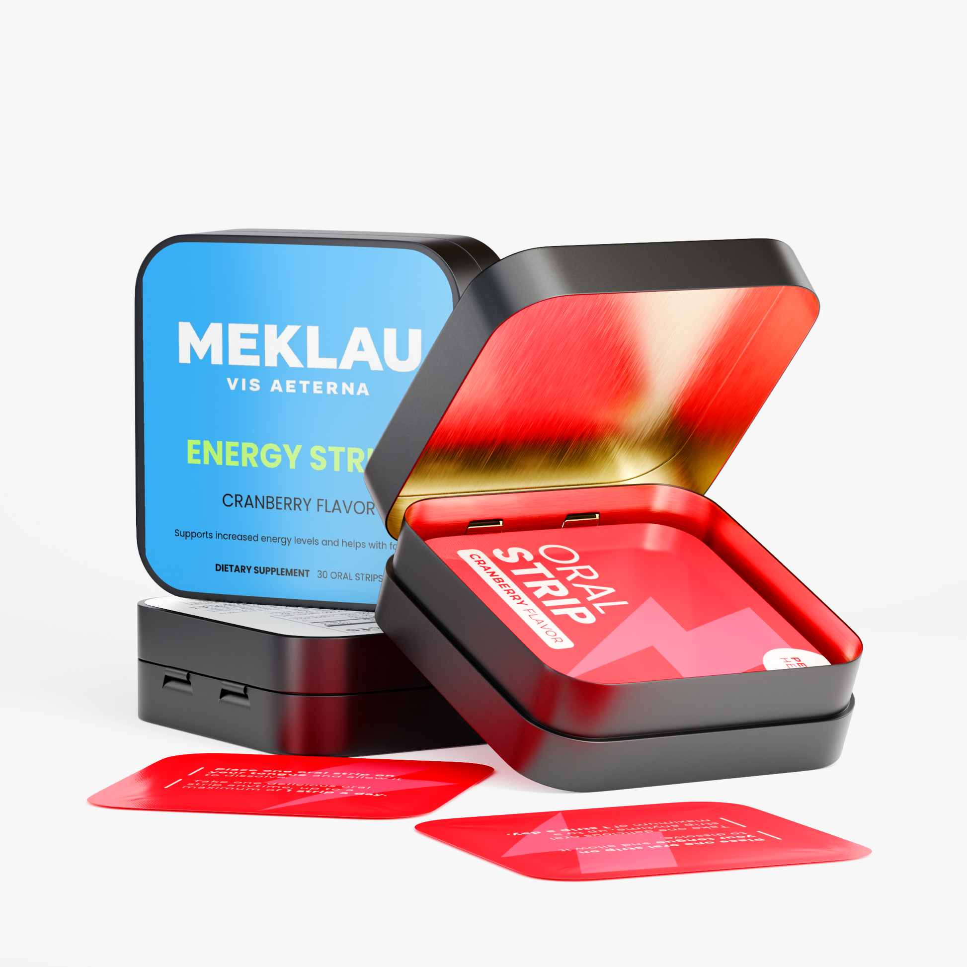 Meklau Vis Aeterna Energy Strip dietary supplement, cranberry flavor. The image shows a black square metal tin with a blue label, an open black tin showing a red interior with a red cross symbol, and two red oral strips in front on a light gray background.