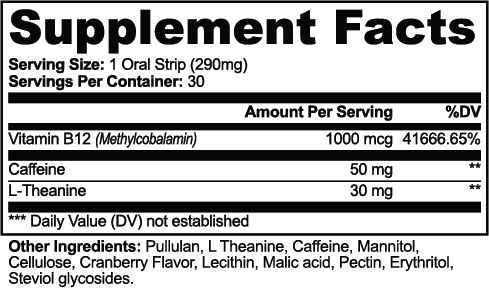 A Supplement Facts label showing a serving size of 1 oral strip (290mg) with 30 servings per container. The label lists Vitamin B12 (Methylcobalamin) at 1000 mcg, Caffeine at 50 mg, and L-Theanine at 30 mg, with a list of other ingredients at the bottom.