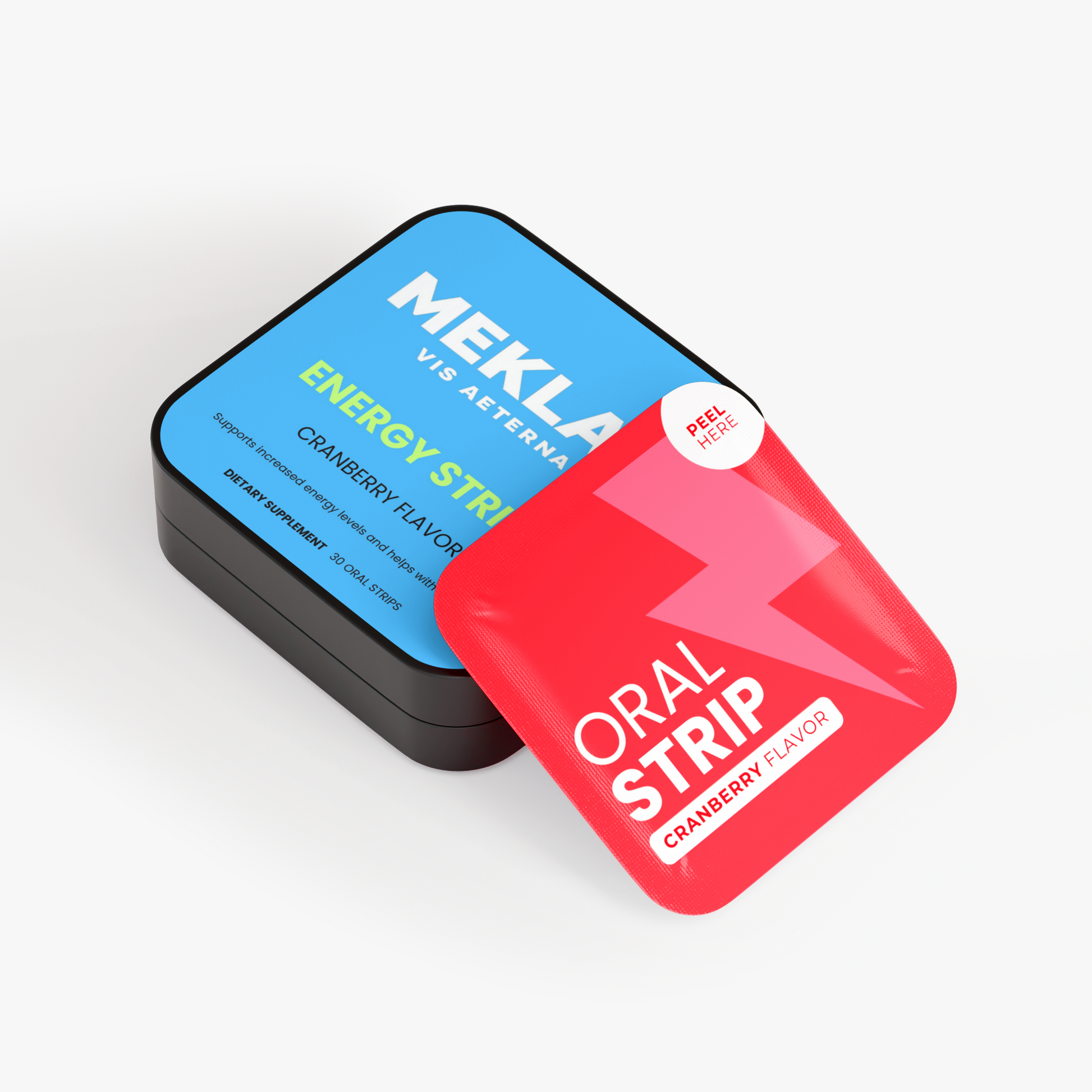 Two square MEKLA oral strip packaging boxes for cranberry flavor, one blue and one red, shown on a clean white background.