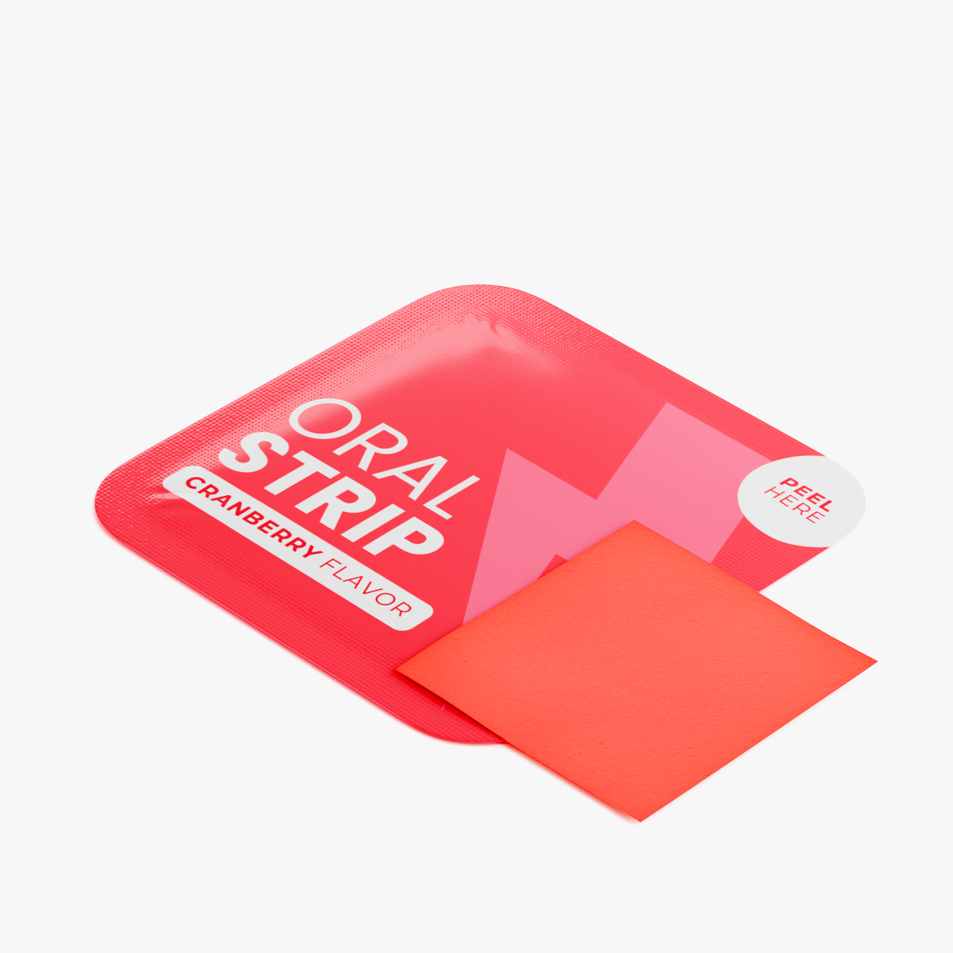 A pack of oral strip oral care strips in cranberry flavor, featuring a bright red packaging sleeve with white text and a single orange-red strip partially pulled out, on a clean white background.