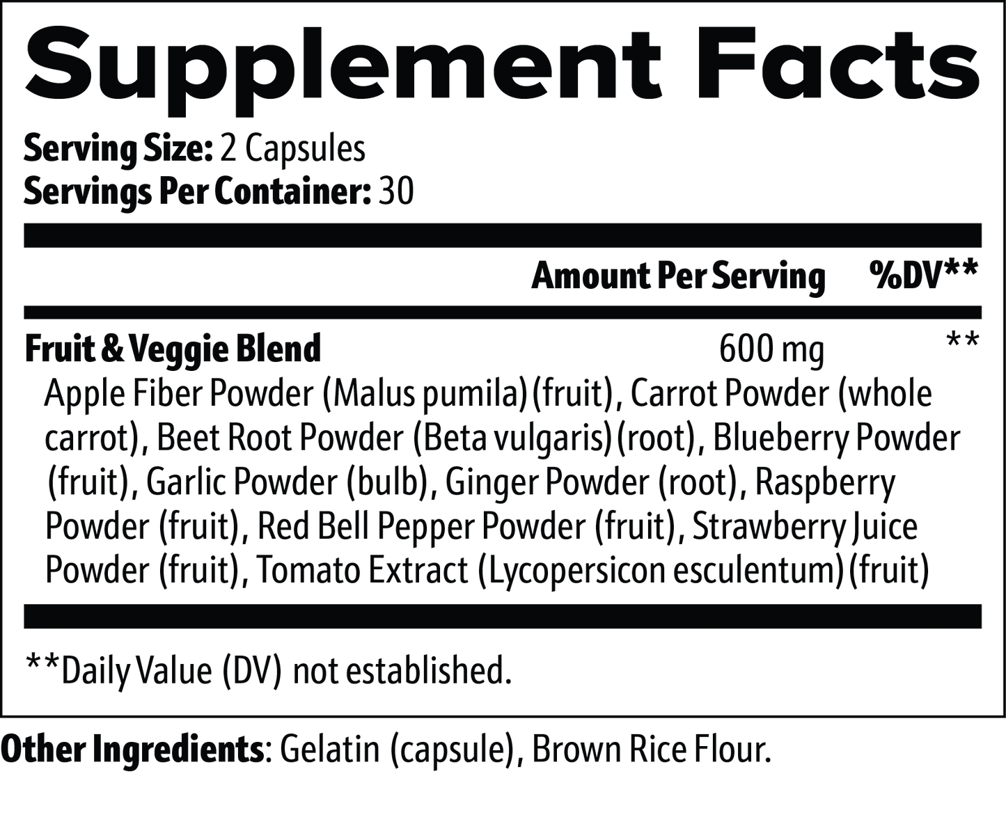 Supplement facts label with detailed ingredient list on a white background