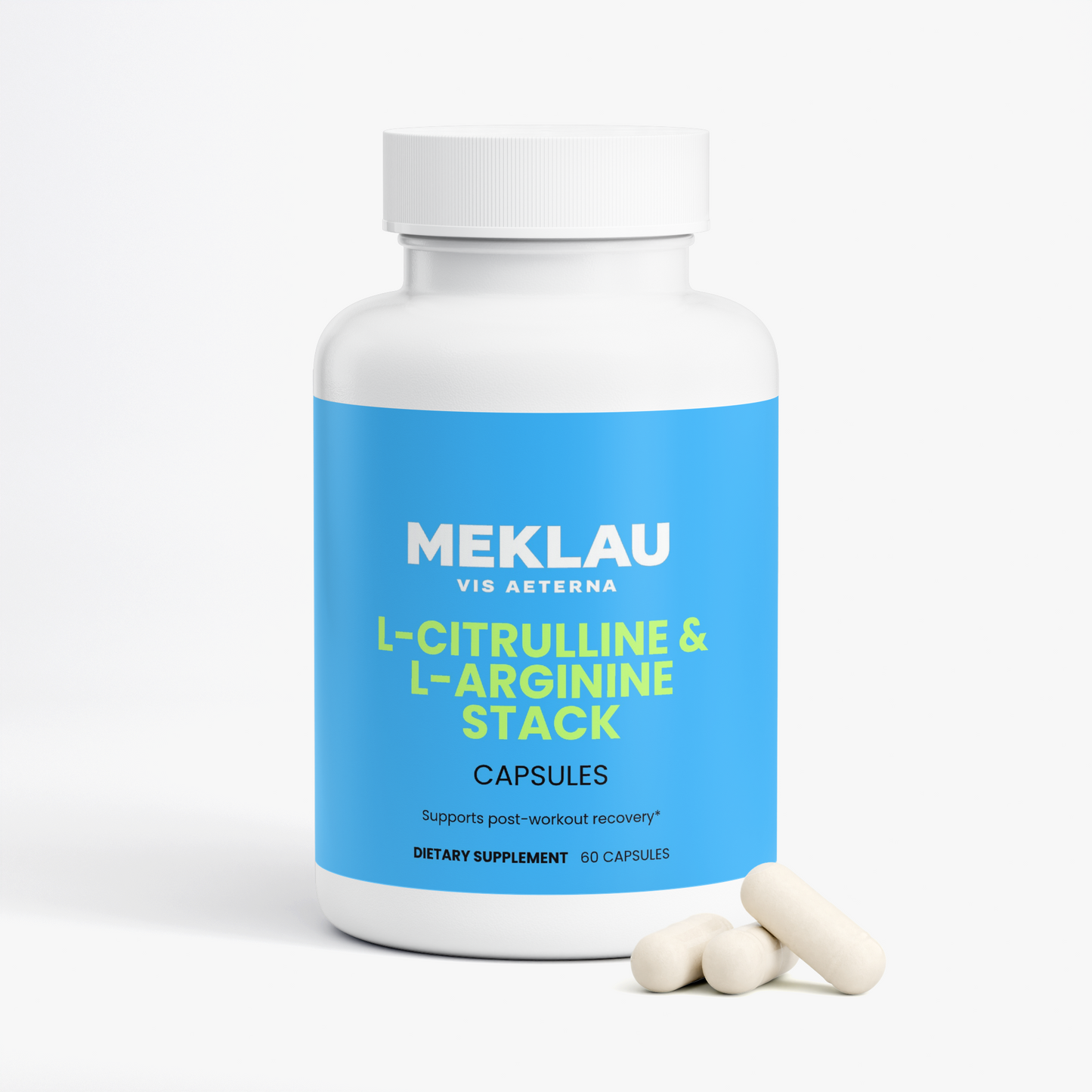 A white bottle of Meklau dietary supplement capsules with a bright blue label, shown on a clean white background with three capsules in front.