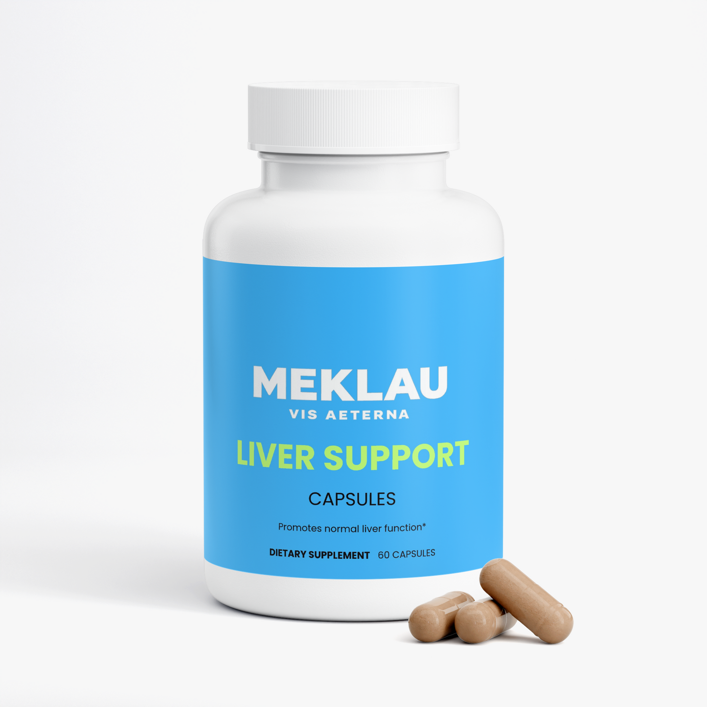 A white bottle of Meklau Liver Support dietary supplement capsules with a bright blue label, shown on a clean white background with three capsules in front.