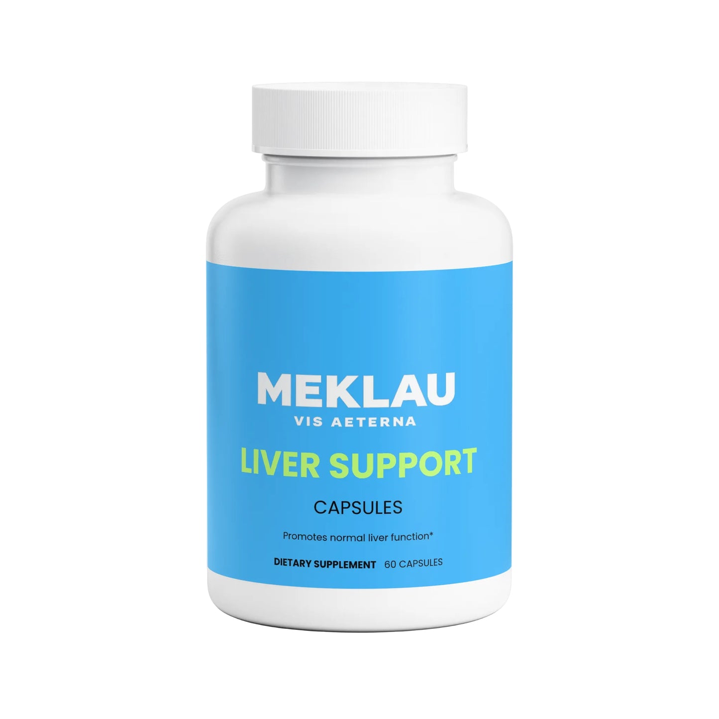 A white plastic bottle of MEKLAU Liver Support dietary supplement capsules, featuring a bright blue label with white and lime green text, set against a clean white background.
