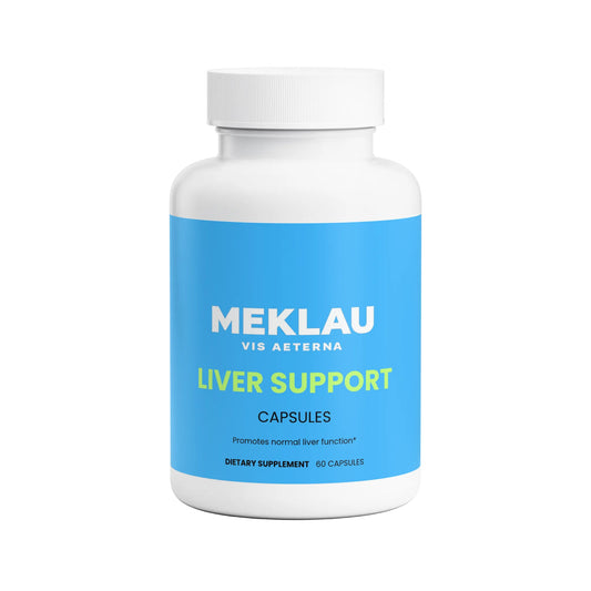A white plastic bottle of MEKLAU Liver Support dietary supplement capsules, featuring a bright blue label with white and lime green text, set against a clean white background.