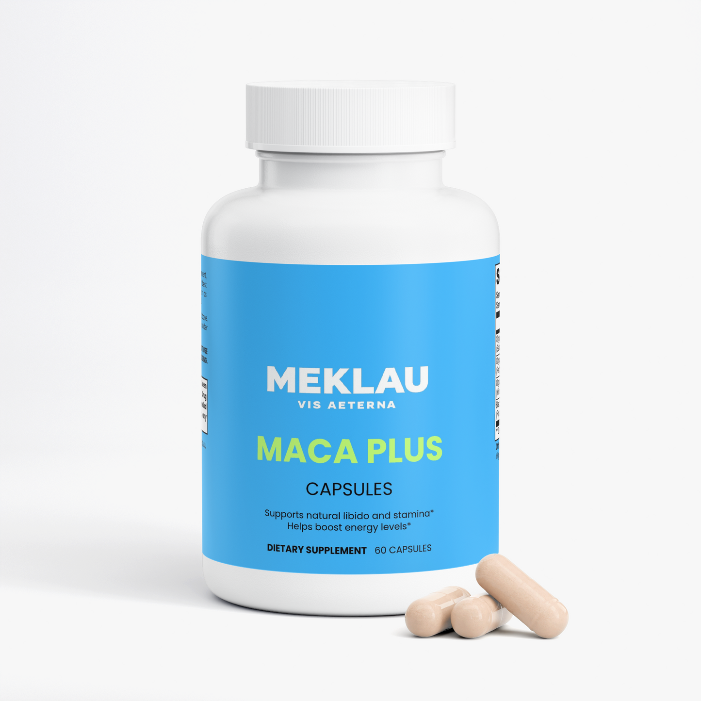 A white bottle of Meklau Vis Aeterna Maca Plus dietary supplement capsules with a bright blue label, shown on a clean white background with three beige capsules in front.