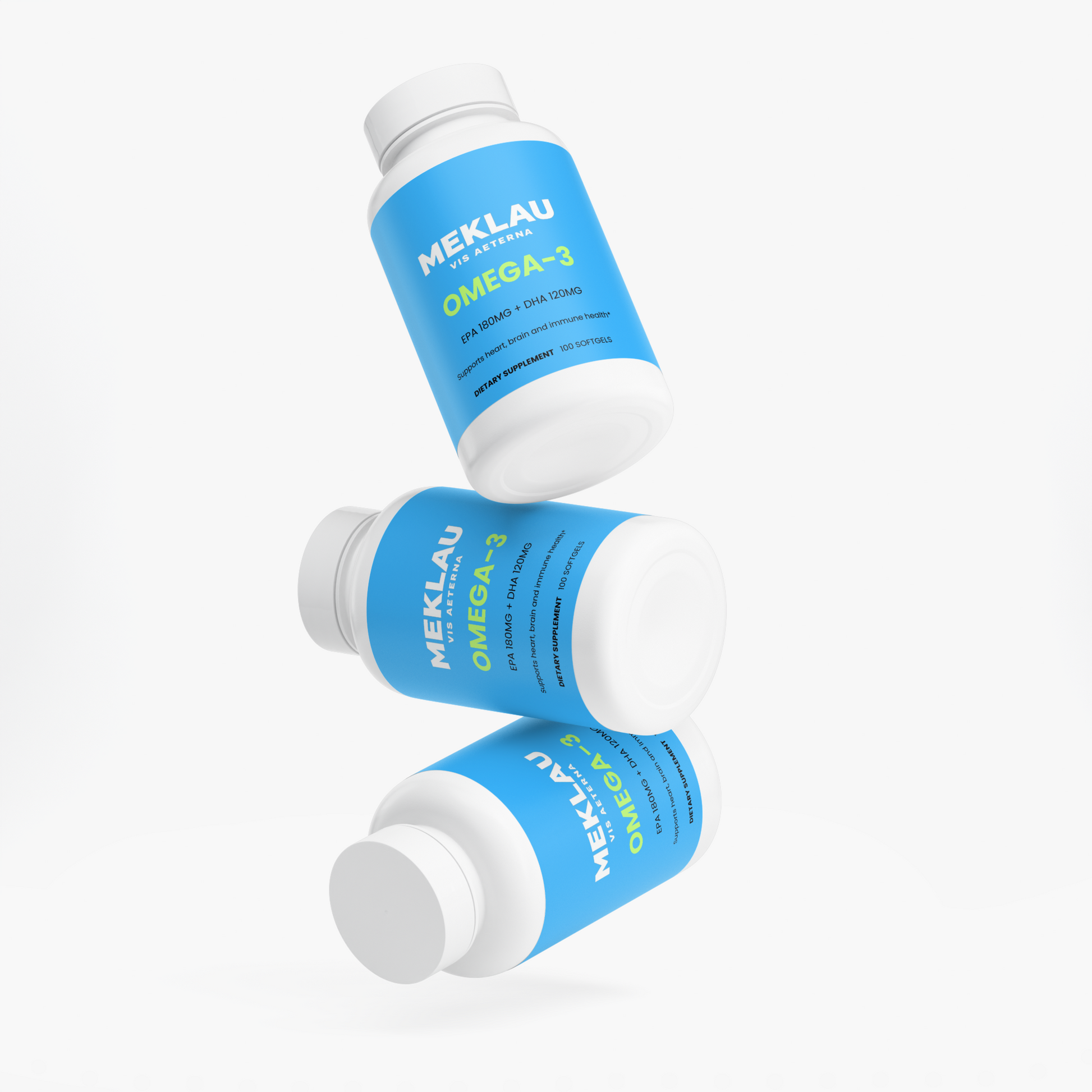 Three white plastic supplement bottles with bright blue labels, arranged in a floating diagonal stack on a clean white background. The label reads 'MEKLAU' and 'OMEGA-3'.