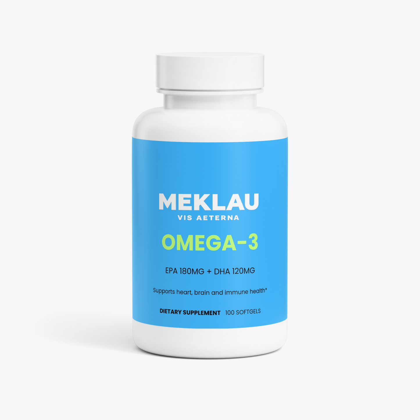 A white plastic bottle of MEKLAU Omega-3 dietary supplement with a bright blue label, shown on a clean white background.