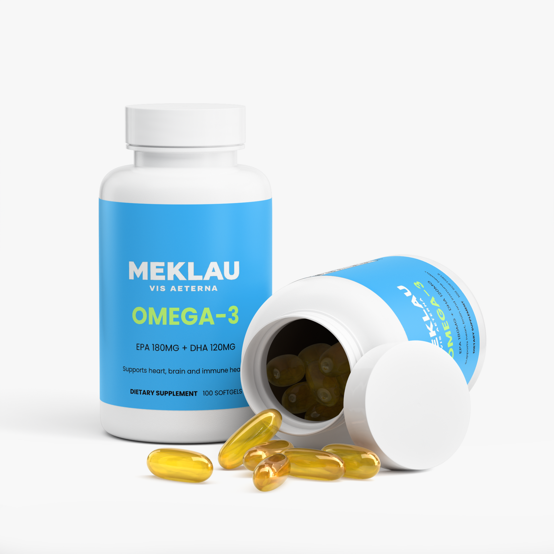 Two white supplement bottles labeled MEKLAU Omega-3, one standing upright and one lying on its side with capsules spilling out. The bottles have bright blue labels with white and lime green text, and the loose capsules are translucent yellow-gold.