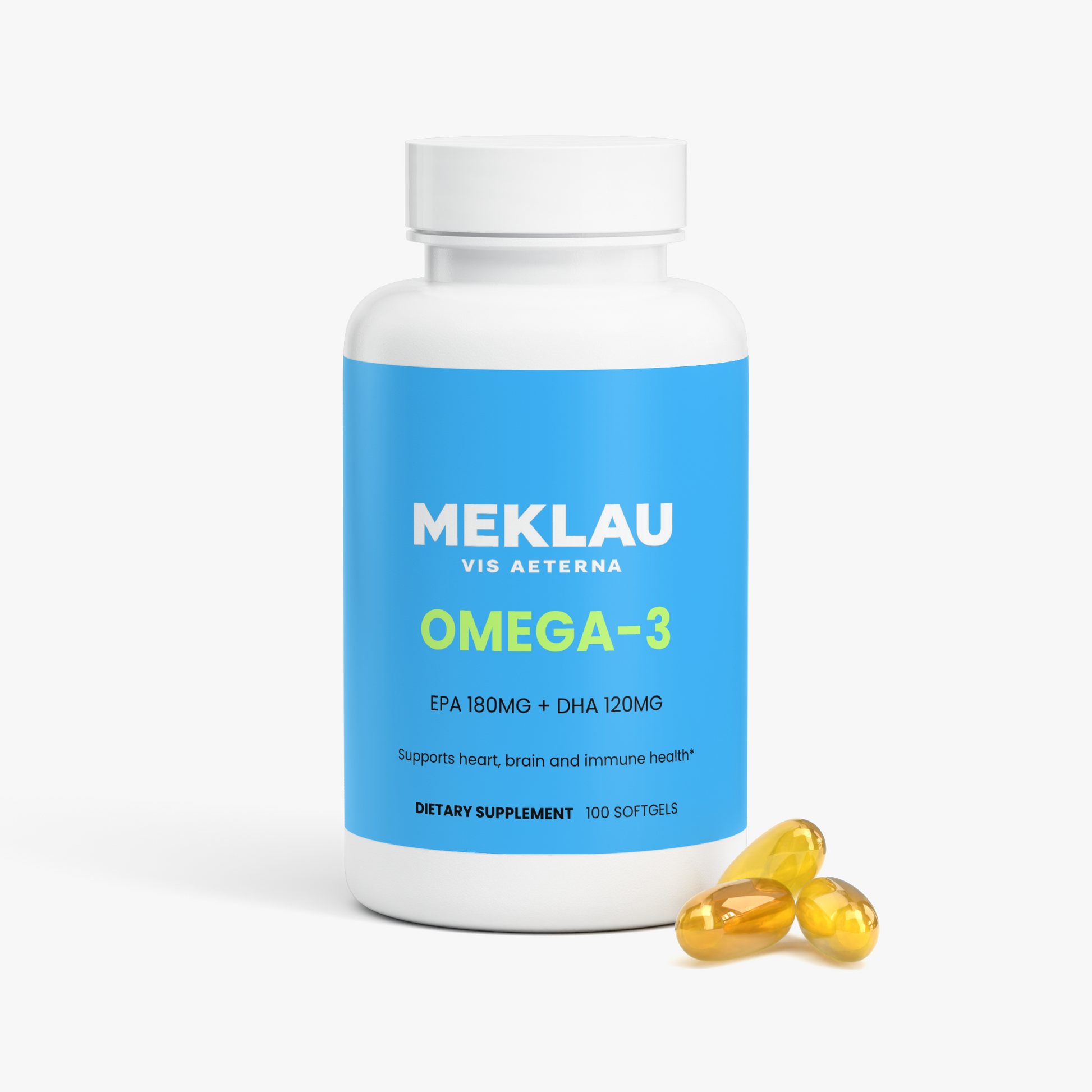 A white bottle of MEKLAU Vis Aeterna Omega-3 dietary supplement with a bright blue label, shown on a light gray background with three yellow softgel capsules in front.
