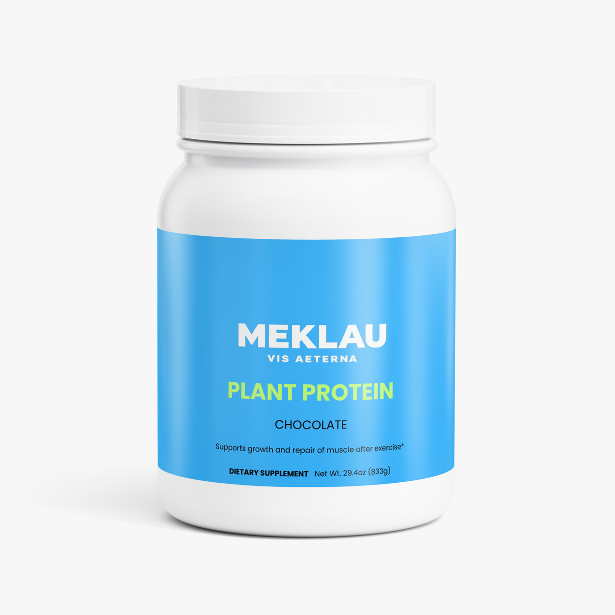 A white plastic bottle of Meklau Vis Aeterna Plant Protein in Chocolate flavor, featuring a bright blue label with white and yellow text, set against a clean white background.
