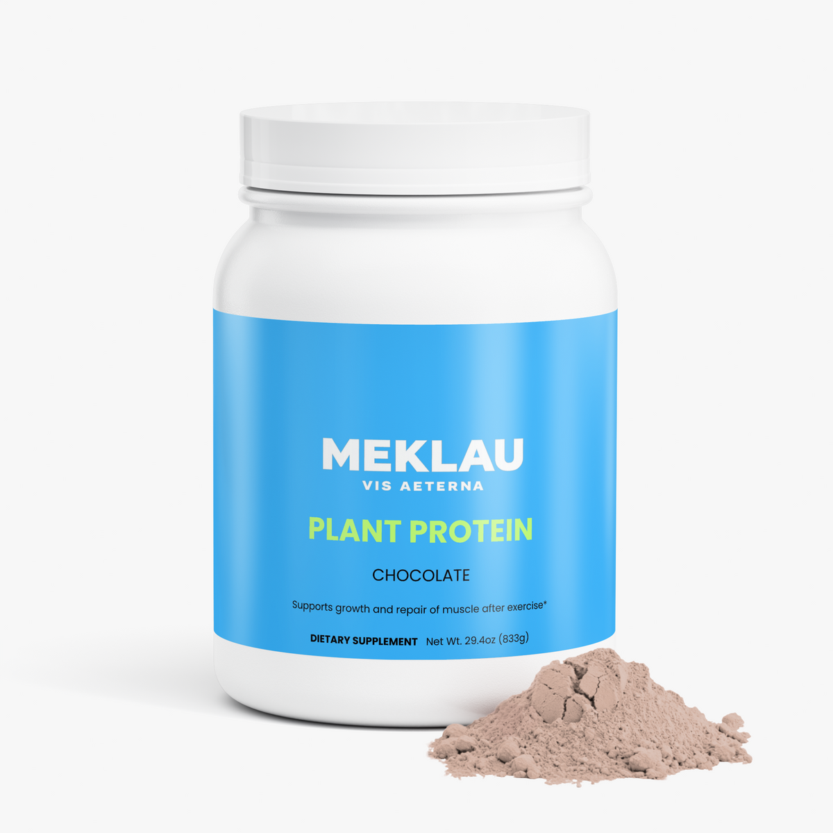 A white plastic tub of Meklau Vis Aeterna Plant Protein in Chocolate flavor, featuring a bright blue label, with a small pile of the light brown powder placed in front on a clean white background.